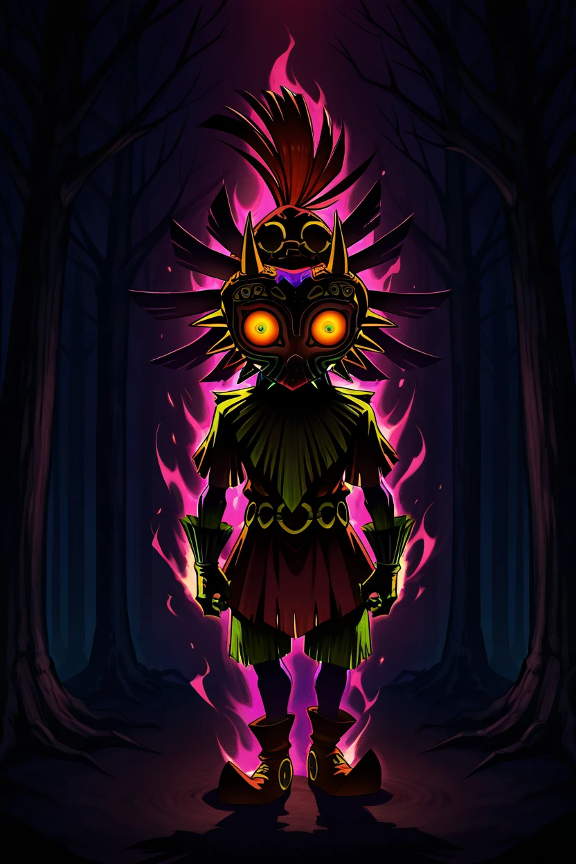 masterpiece, best quality, zzMajora,  majora (entity), skull kid, nintendo, the legend of zelda, the legend of zelda: majora&#039;s mask, commentary, aura, branch, corruption, dark, dark persona, gloves, glowing, glowing eyes, hat, horns, ichabod1799, looking at viewer, mask, outdoors, possessed, possession, red eyes, red hair, shadow, standing, tree, triangle print   ,<lora:MajoraZeldaIXL_v2:1.0>,