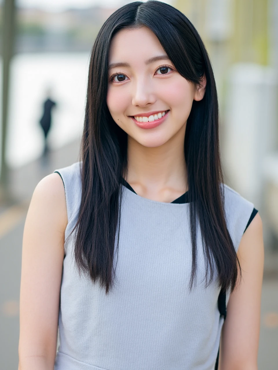 A photograph of a young Asian woman named konishi, with long, straight black hair, wearing a sleeveless, light gray dress with a black inner lining, standing outdoors in natural light.