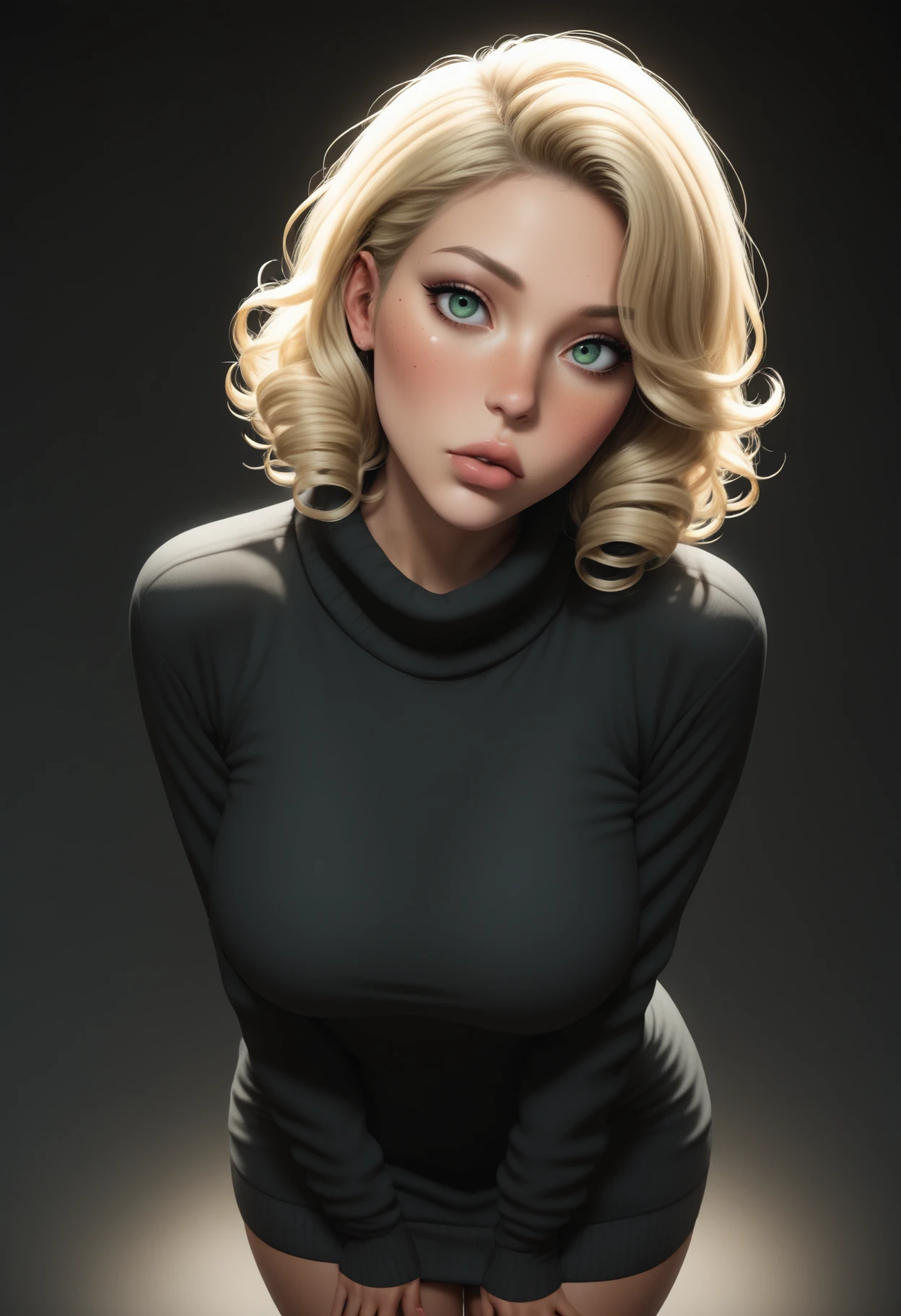 ((masterpiece, best quality, absurdres)),
1girl, solo,
sweater dress:black sweater,
<lora:Dark_Amber_Illust_v1:0.8>  d4rk4mb3r, green eyes, blonde hair,