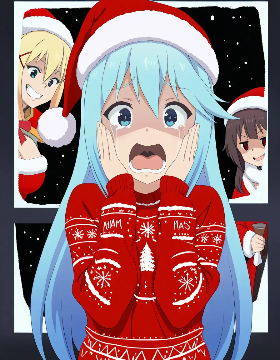 3girls, trio, happ, solo focus,
aqua \(konosuba\), breasts, crying, open mouth, screaming, tongue, hands on own own cheeks, alternate costume, christmas sweater, santa hat,  shaded face,
megumin, darkness \(konosuba\),  grin, looking at another, window, snowing, upper body, black background, cover, english text, horror \(theme\), black theme, christmas,
masterpiece, best quality, absurdres, highres, newest, general,
 <lora:happ_anyill_r01:1.2>