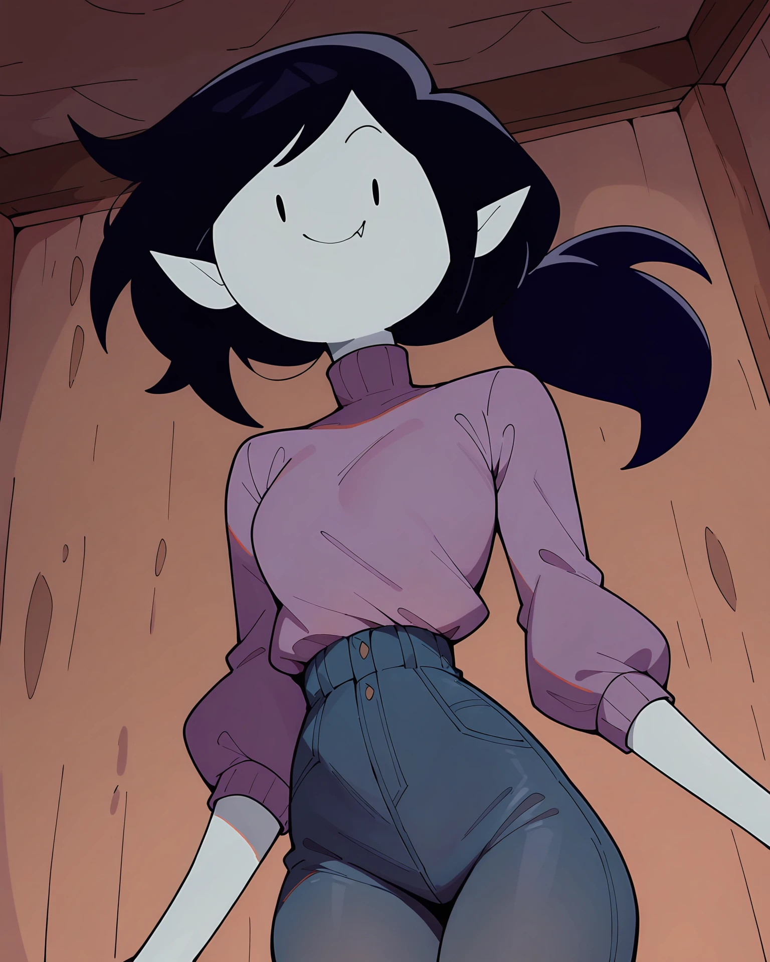 masterpiece, best quality, newest, absurdres, highres, dynamic angle, indoors, cowboy shot
1girl, solo, Marceline, ponytail, smile, wide eyed, looking at viewer, purple sweater, turtleneck, pointy ears, <lora:Marceline_ILL:1>