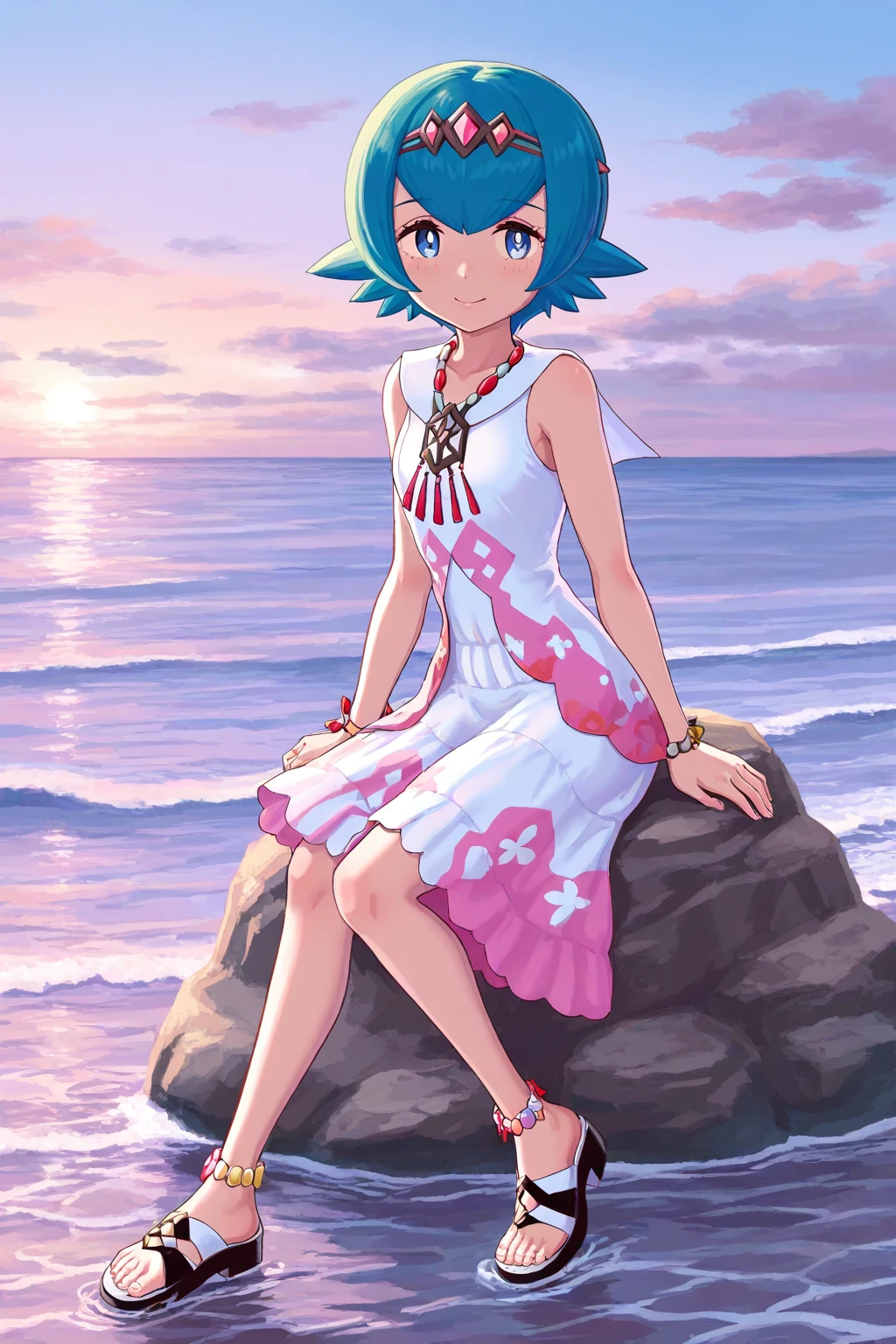 hinosaki, leveen, (1girl), solo, sitting, on rock, sea, feet_in_water, smile, [lana_\(pokemon\)], short_hair, blue_hair, hairband, sleeveless_dress, white_dress, [pink_dress] bracelet, jewelry, necklace, anklets, sandals, toes, official_alternate_costume, , masterpiece,amazing quality, very aesthetic, high resolution ,ultra-detailed, absurdres, newest,syglana