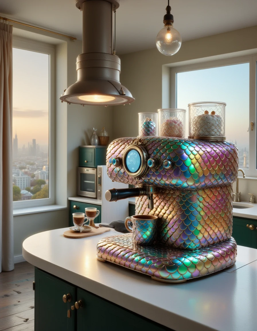 <lora:Iridescent_Scales_512_dev_f1_k:1>    a coffee machine made Iridescent Scales,kitchen, sink, window