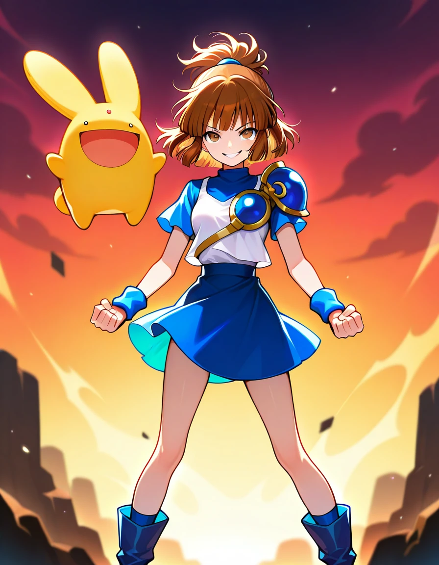 <lora:Puyoarle_SDXL_Illustrious01_fp16_ver04:1>,arleP123, 1girl,brown hair,bangs,short hair,hair updo, brown eyes,blue skirt, blue boots,blue wristband,short sleeve,white shirt,shoulder armor,evil smile,clenched hands,<lora:HairintakesEraser_v01_illustrious_10steps:1.5>,carbuncle \(puyopuyo\),, masterpiece, best quality, very aesthetic, absurdres,<lora:detailed_hands:1>,hand