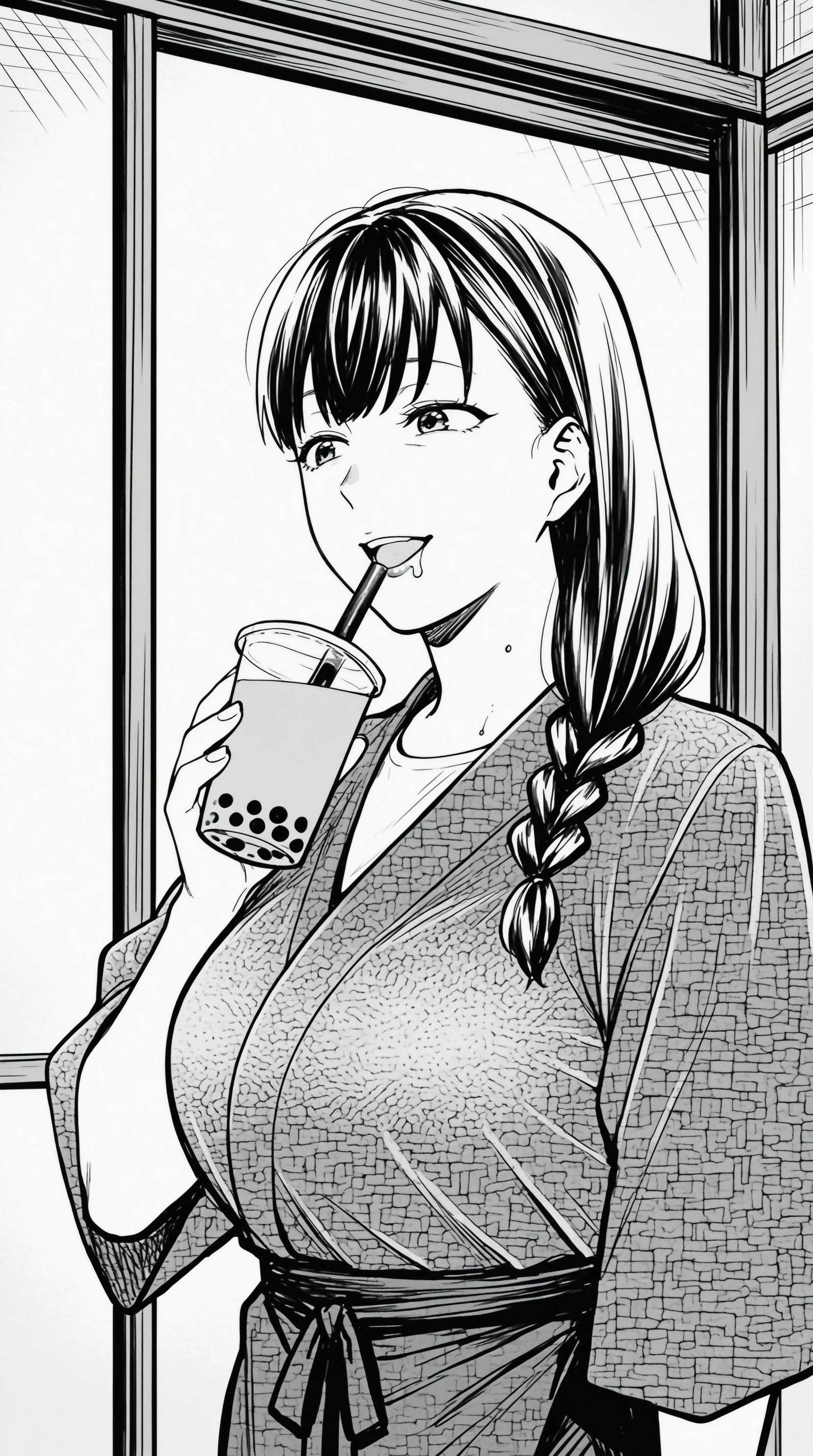 masterpiece, best quality, indoors, cinematic lighting, amazing quality, very aesthetic, absurdres, best quality, newest, year 2023, monochrome, greyscale  Yadori Kamina, Main Outfit, smile, open mouth, standing, drinking, bubble tea, saliva, happy,   <lora:JN_Yadori_Kamina_Illus:0.8>