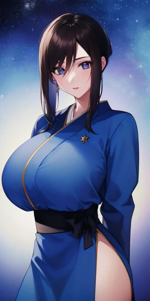 <lora:LinnaYamazakiV3:0.7> linna_yamazaki, huge_breasts, standing, solo, starry_sky, arms_behind_back, japanese_clothes, masterpiece, best_quality, detailed_face, detailed_eyes, highres, beautiful, detailed, absurdres,