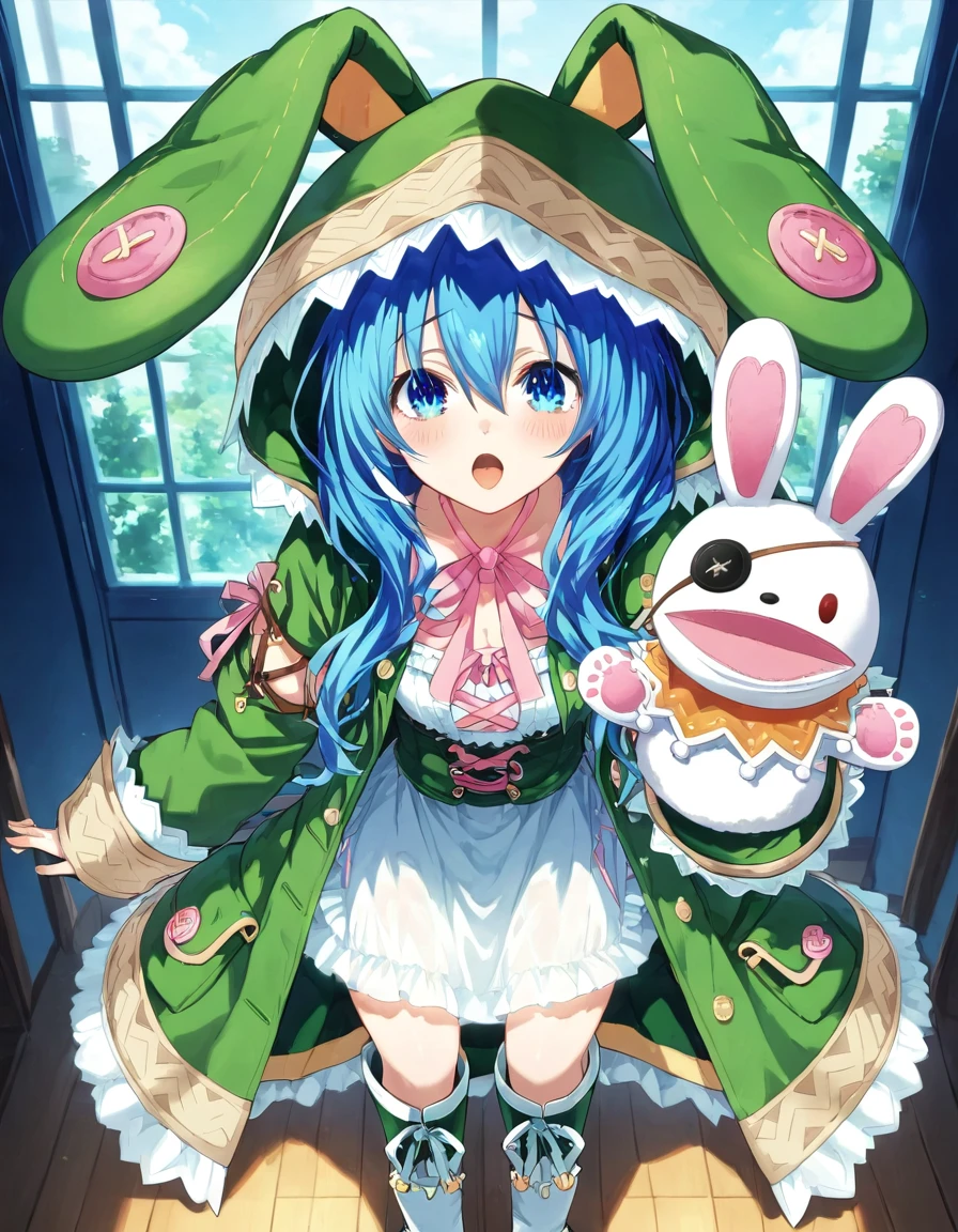 Yoshino, 1girl, solo, long hair, looking at viewer, blush, open mouth, bangs, blue eyes, simple background, long sleeves, white background, dress, animal ears, hair between eyes, blue hair, full body, boots, open clothes, hood, white dress, rabbit ears, :o, coat, eyepatch, hood up, animal hood, green footwear, puppet, hand puppet,