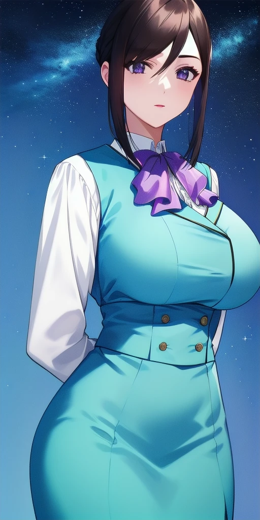 <lora:LinnaYamazakiV4:0.7> linna_yamazaki, huge_breasts, standing, solo, starry_sky, arms_behind_back, white_collared_shirt_purple_ascot_aqua_pencil_skirt_aqua_vest, masterpiece, best_quality, detailed_face, detailed_eyes, highres, beautiful, detailed, absurdres,