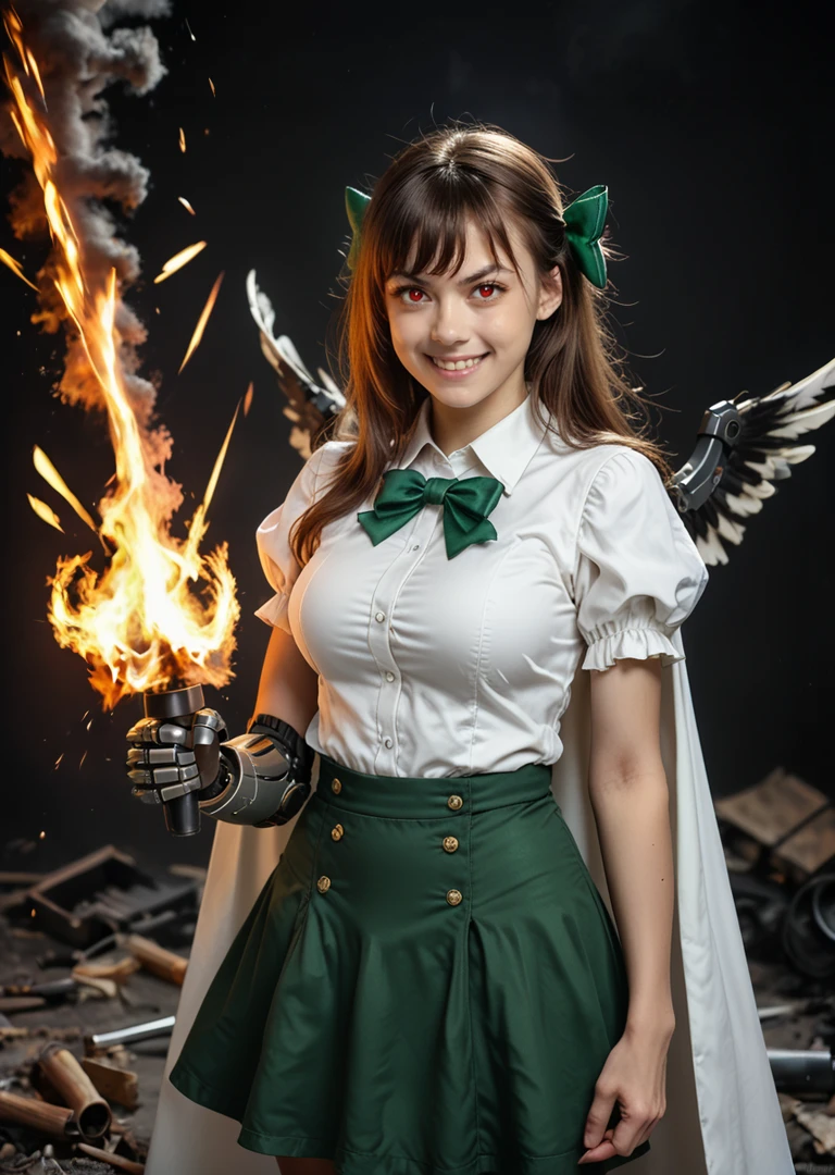 1girl,aiming at viewer,arm cannon,arm up,bangs,bird wings,black wings,bow,breasts,brown hair,cape,closed mouth,collared shirt,explosion,fire,firing,frills,green bow,green skirt,hair bow,large breasts,long hair,looking at viewer,prosthesis,prosthetic arm,puffy short sleeves,puffy sleeves,red eyes,shirt,short sleeves,skirt,smile,solo,third eye,v-shaped eyebrows,weapon,white cape,white shirt,wings
BREAK source_photo, source_realistic, content_real, rating_explicit