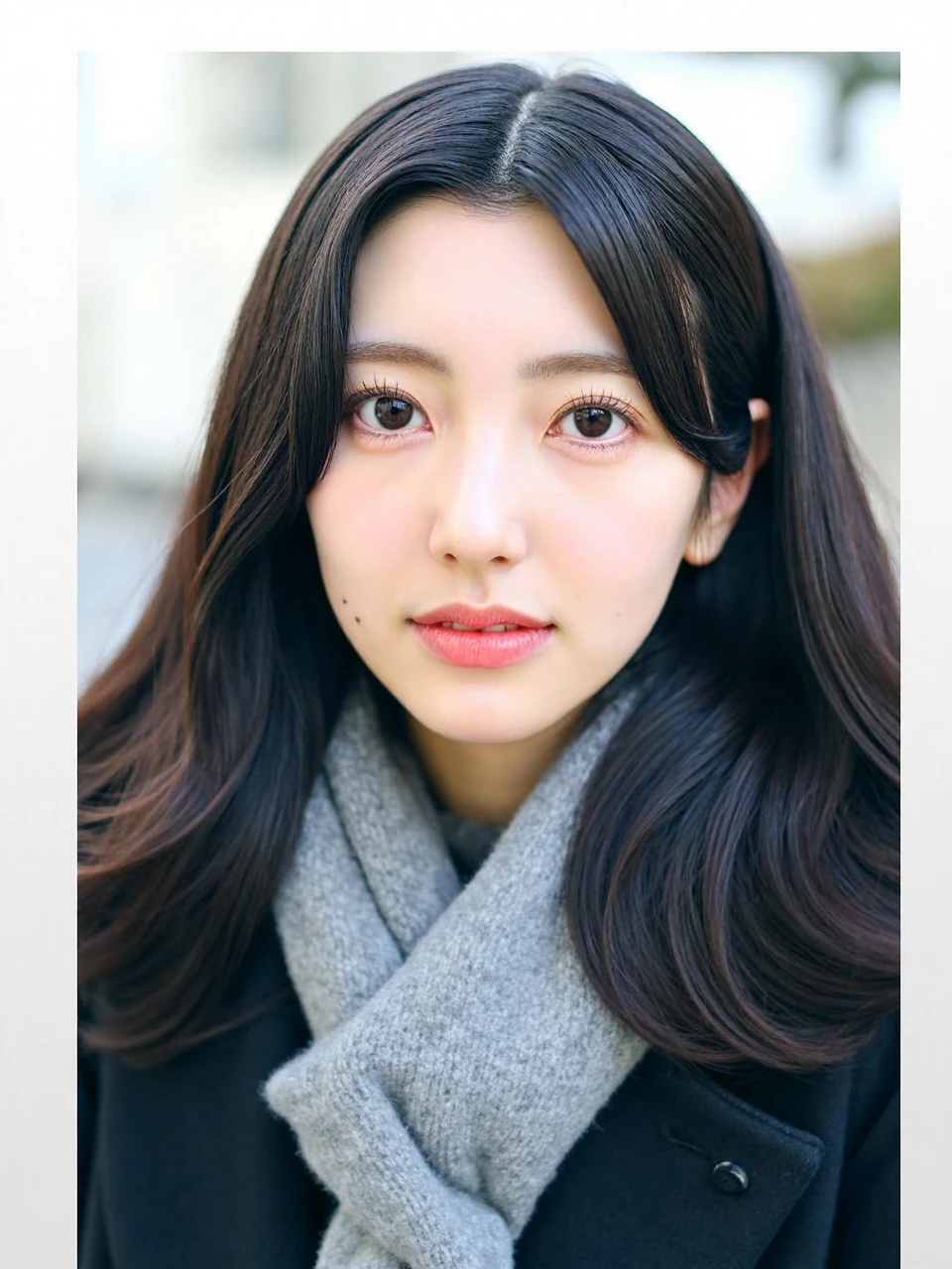 The image is a close-up portrait of a young woman named konishi with long dark hair. She is wearing a black coat and a gray scarf around her neck. Her hair is styled in loose waves and falls over her shoulders. She has a serious expression on her face and is looking directly at the camera. The background is blurred, but it appears to be an outdoor setting with trees and buildings visible. The lighting is soft and natural, highlighting the woman's features.