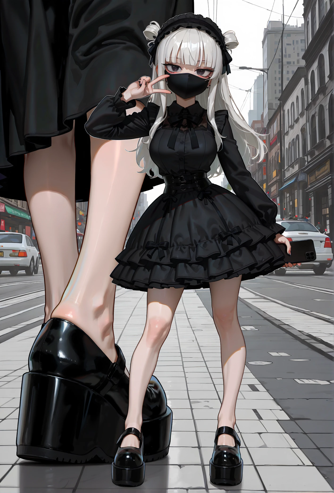 masterpiece, best quality, 
mangamaster,
multiple views,
close-up of feet,
1girl, idol, goth,
(d0lly shoes), (platform footwear:1.1),
black dress,
large breasts, petite, 
black and white hair,
city street, 
pose, posing, contrapposto, v, holding phone, face mask, black eyes,