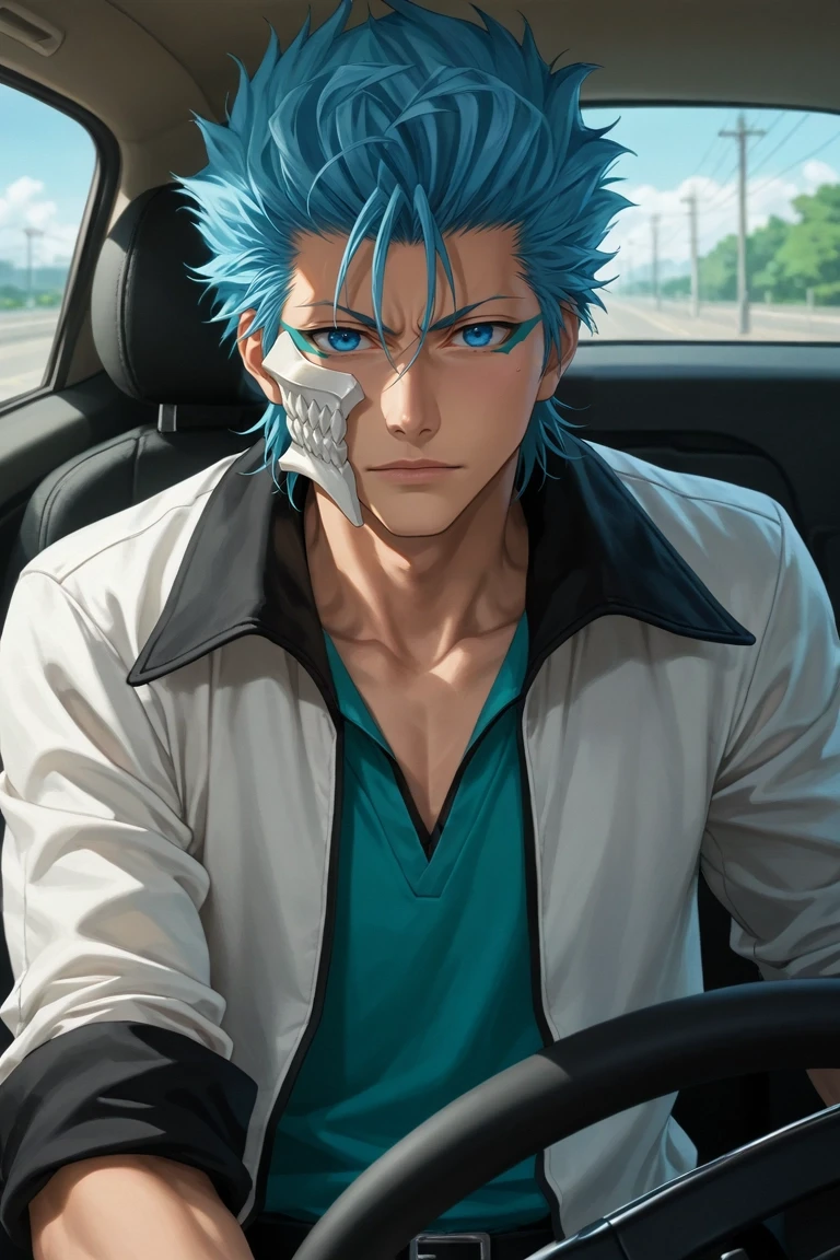 score_9, score_8_up, score_7_up, source_anime, rating_safe, intricate details, , looking at viewer, depth of field, 1boy, solo, male focus, <lora:grimmjow_jaegerjaquez_pony:0.92>, grimmjow_jaegerjaquez, blue hair, blue eyes, facial mark, arrancar, mask, short hair, , Quilted joggers, Chiffon Ruffled Bomber jacket, Driving shoes, ,, <lora:sdxl_lightning_8step_lora:1>