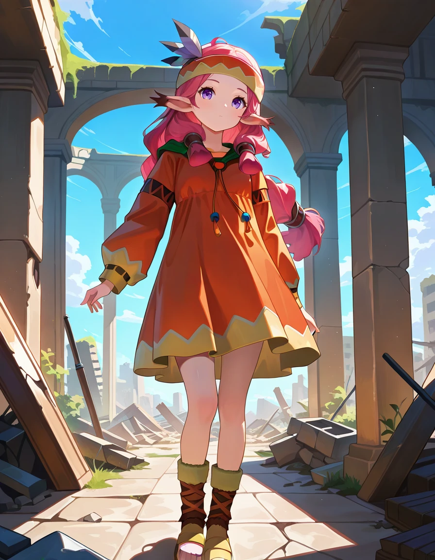 <lora:Pchiko_SDXL_Illustrious01_fp16_ver01:1>,Pchiko, 1girl,solo,animal ears, pink hair,purple eyes, headband,dress,long sleeves,  sandals,feather hair ornament,ruins, blue sky,, masterpiece, best quality, very aesthetic, absurdres,<lora:detailed_hands:1>,hand