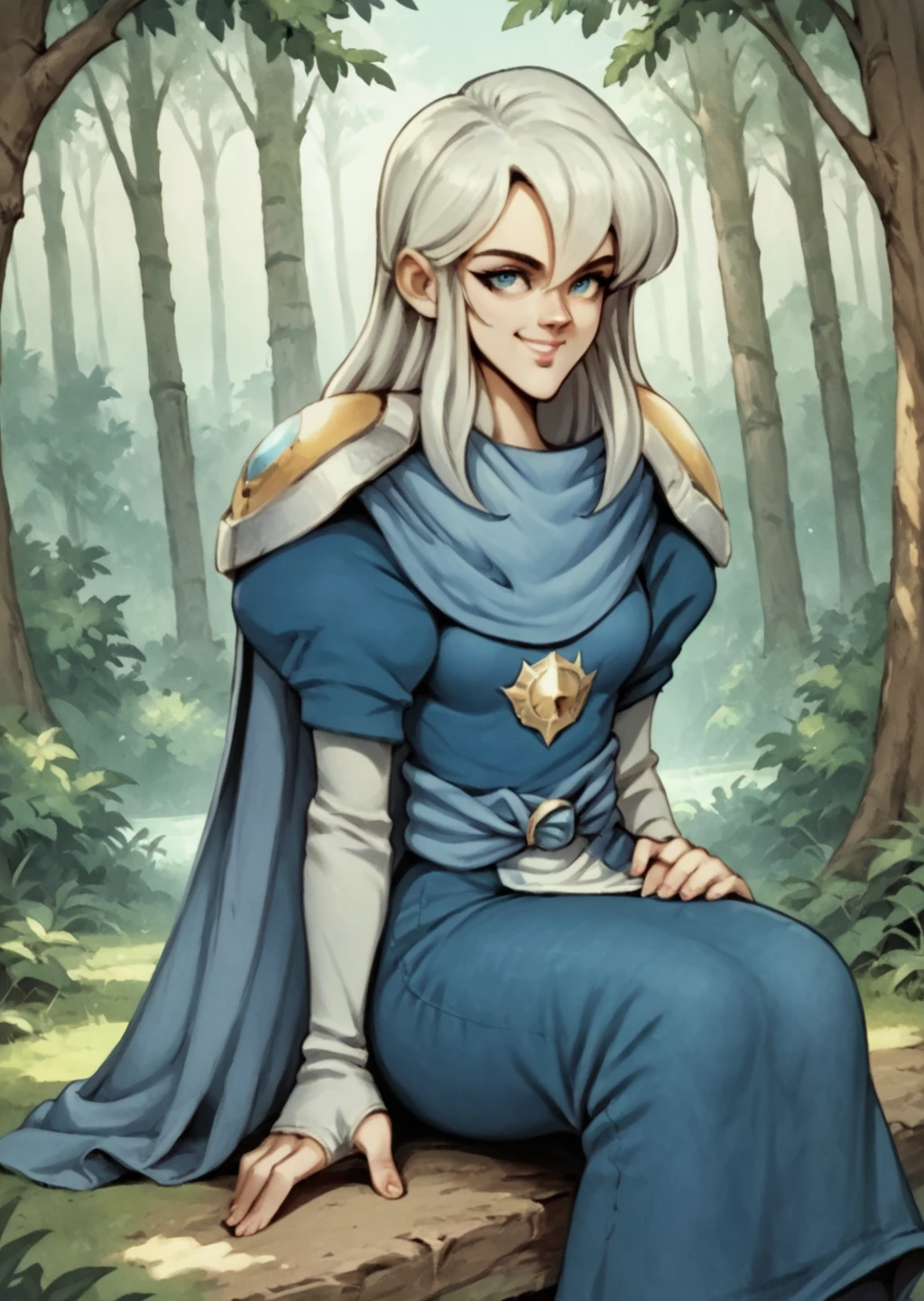 score_9, score_8_up, score_7_up, AnriSF, shoulder armor, forest, sharp, high quality, solo, blue cape, 1girl, woman sitting, smile, <lora:Anri-000005:1>