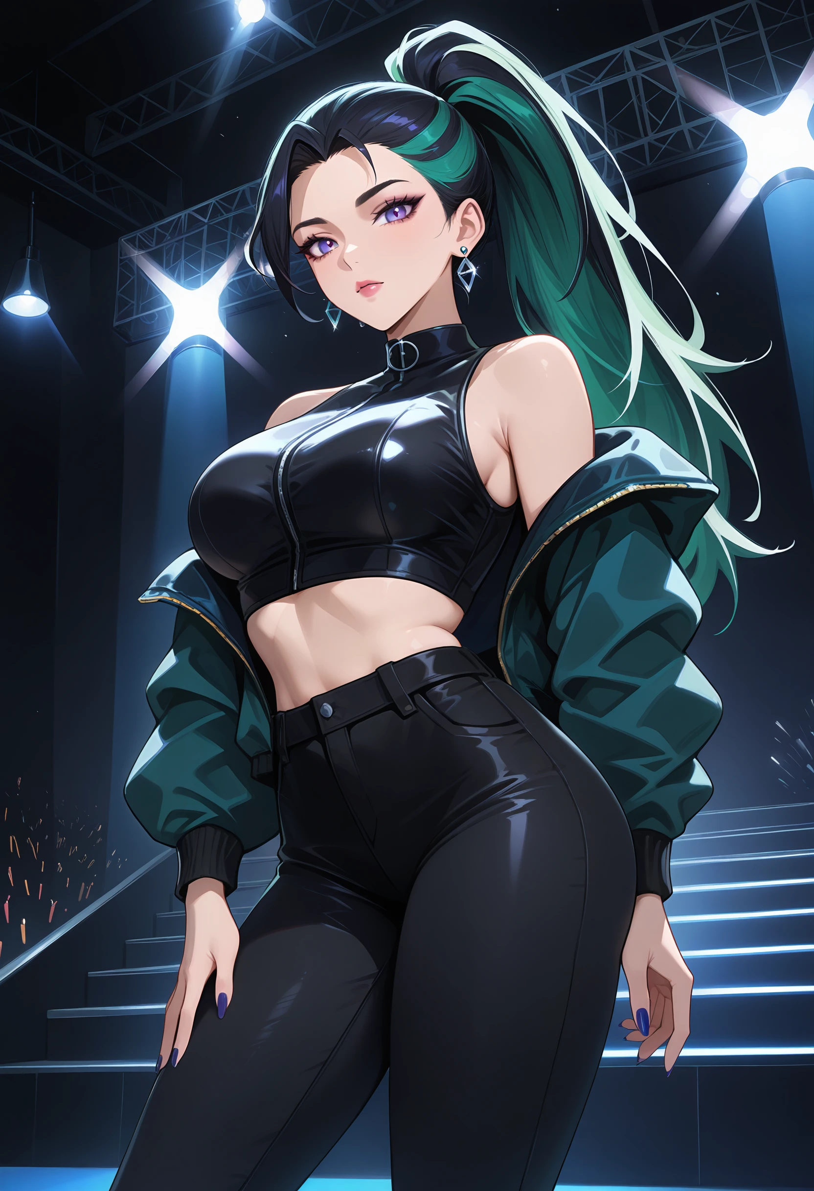 masterpiece, best quality, newest, absurdres, highres, 1girl, the baddest kai'sa, ieague of legends,  <lora:kaisabaddestXL:1>, kaisabaddestxl, earrings, jewelry, jacket, ponytail, long hair, purple eyes, off shoulder, crop top, multicolored hair, (green hair:1.1), black hair, black tight pants, large breasts, stage, stage lights,