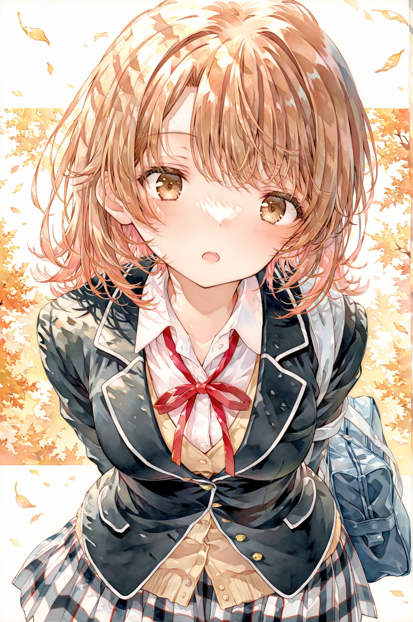 masterpiece,best quality,1girl,solo,absurdres,
1girl,sobu high school uniform,isshiki iroha,solo,school uniform,plaid skirt,plaid,skirt,brown hair,school bag,jacket,bag,brown eyes,blazer,leaning forward,looking at viewer,black jacket,ribbon,cardigan,open mouth,red ribbon,arms behind back,shirt,short hair,pleated skirt,neck ribbon,white shirt,
masterpiece,best quality,good quality,newest,year 2024,year 2023,very aesthetic,absurdres,Visual impact,A shot with tension,ultra-high resolution,32K UHD,sharp focus,best-quality,masterpiece,Emotionalization,unconventional supreme masterpiece,masterful details,temperate atmosphere,with a high-end texture,in the style of fashion photography,(Visual impact:1.2),impactful picture,offcial art,colorful,movie perspective,
upper body,<lora:yzl-illV1:1>,