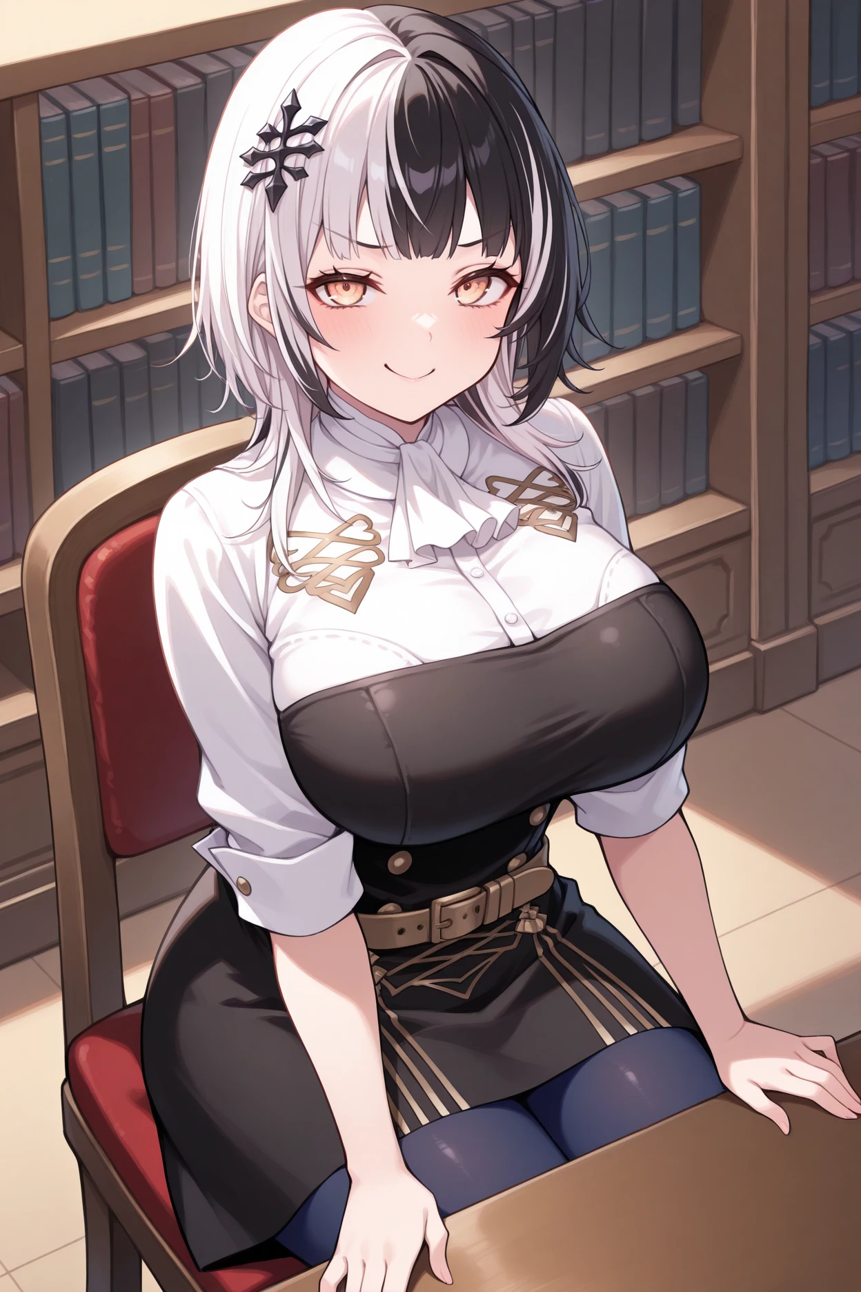 masterpiece, best quality, , solo, <lora:gmuniform2-illu-nvwls-v1:1> gmuniform2, white ascot, white shirt, black skirt, high-waist skirt, sleeves rolled up, blue pantyhose <lora:ChamShioriNovellaIllustriousXL:1> Shi0riN0vella, multicolored hair, white hair, black hair, yellow eyes, hair ornament, big breasts, smile, sitting, desk, chair, library, looking at viewer, smug, hair ornament