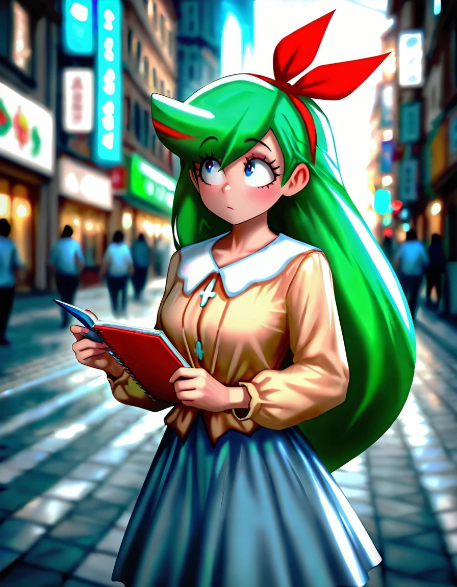 masterpiece, best quality, amazing quality, very aesthetic, absurdres, newest, (looking forward:1.2), <lora:tabby:0.85> t4bby, green hair, long hair, hair bow, red bow, Journalist, casual jacket, notebook, camera, on a (busy city street), masterpiece, best quality, amazing quality