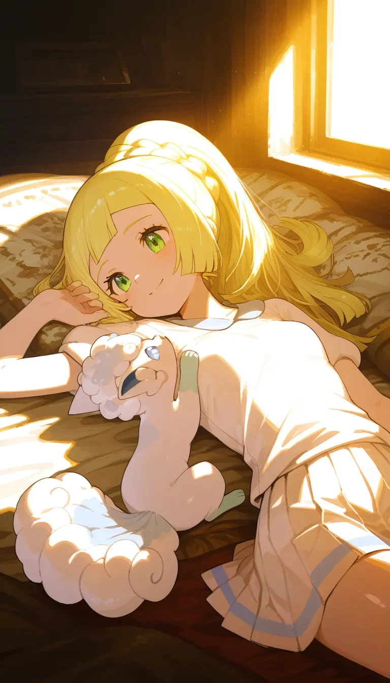 (masterpiece, best quality), best score, best anatomy, ultra deitailed, amazing quality, very aesthetic, absurdres, highres, newest, HDR, 8K, high detail RAW color art, high contrast, bright face, large pupil, eyelashes, brilliant skin, shiny skin,
(saitou naoki), 1girl, solo, lillie \(pokemon\), long hair, blonde hair, french braid, ponytail, green eyes, small breasts, white shirt, short sleeves, pleated skirt, white skirt, Alolan Vulpix, indoors, window, sunlight filtering through trees, sofas, cushions, blankets, lying, happy, smile, <lora:748cmSDXL:0.4>, <lora:薄塗り:0.45>, <lora:ponyv5_noobV065S_1:0.6>, <lora:spo_sdxl_10ep_4k:0.6>, <lora:MeMaXL4:0.8>, <lora:GBF_Illustrious:0.45>