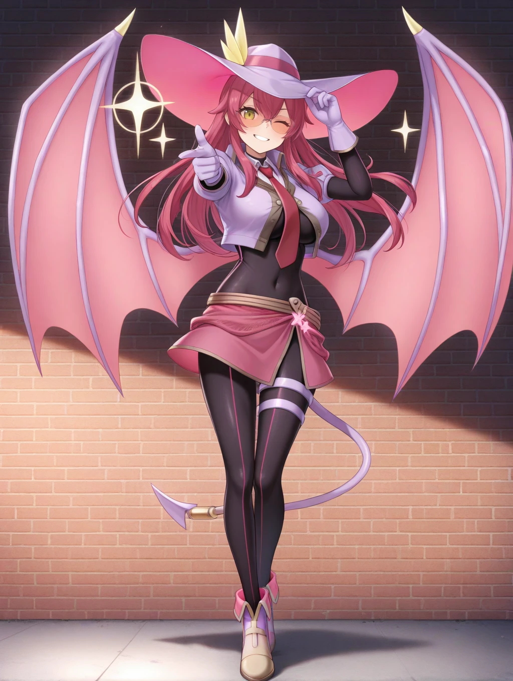 evil twin ki-sikil,finger gun,1girl,solo,purple demon tail,smile,looking at viewer,full body,pointing at viewer:1.2,sparkle,purple demon wings,one eye closed,large breasts,red necktie,purple skirt,purple large hat,purple gloves,purple cropped jacket,orange-tinted eyewear,black bodystocking,purple high heel boots,phantom thief,searchlight,brick wall,adjusting hat,
masterpiece,best quality,amazing quality,very aesthetic,absurdres,newest,dark-skinned female,<lora:Evil Twin illuXL v1:0.76>,