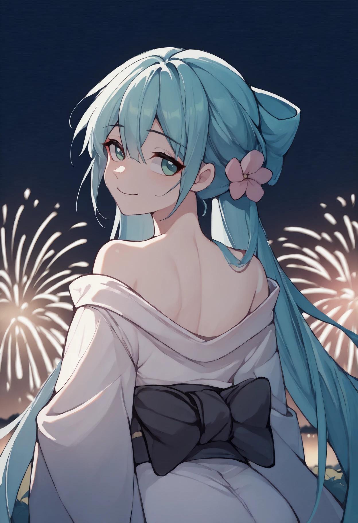 anime, masterpiece, best quality, from behind, solo, 1girl, shaohuamiku, smile, looking back, aqua hair, hair between eyes, twintails, hair flower, pink flower, green eyes, japanese clothes, white kimono, off shoulder, black sash, bare shoulders, outdoors, night, fireworks
<segment:yolo-Anzhc Face seg 640 v2 y8n.pt,0.4,0.5//cid=1>