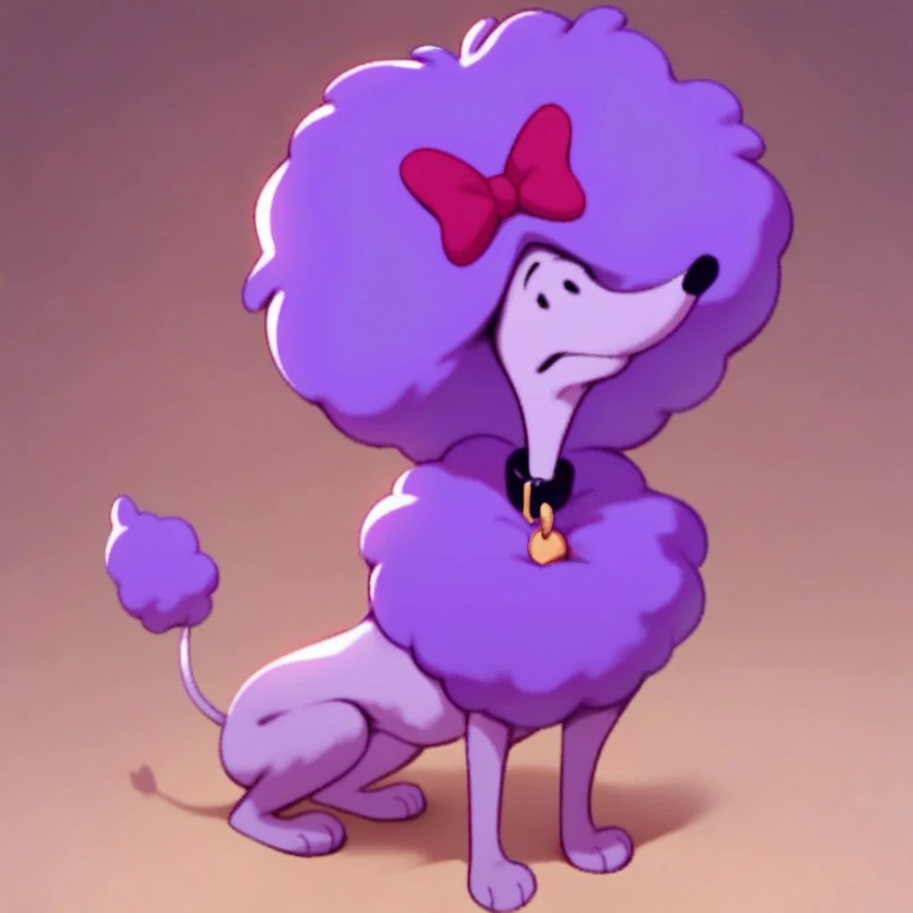 score_9, score_8_up, score_8, score_7, source_cartoon, cleo(cbrd), solo, 1girl, feral, dog, dog girl, poodle, purple fur, purple hair, purple chest fluff, thin tail, red hair bow, black collar, dot eyes, full body, looking at viewer,