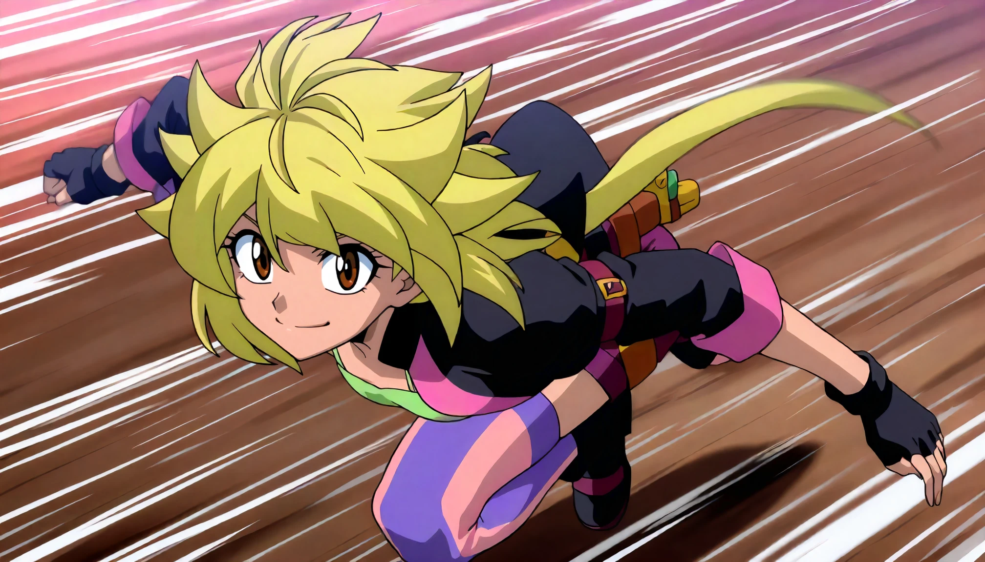 <lora:MFB_kurenai_renXLIllustrious001>,
underwear only,masterpiece,best quality,good quality,newest,
detailed background,glitter,
smile,
looking at viewer,
solo,
anime coloring,
kurenai_ren\(metal_fight_beyblade\),1girl,blonde hair,antenna hair,short hair with nape long hair,brown eyes,
black jacket,pink trim jacket,green camisole,arm belt,
fingerless gloves,black gloves,
black belt,double belt,holster belt,purple shorts,
two-tone thighhighs,purple to pink thighhighs,
black boots,
full body,running,motion_blur,motion line,speed_lines,