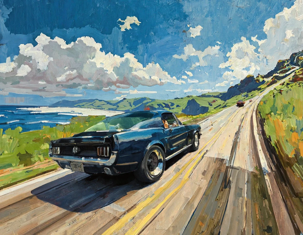 (ashleywood style painting) man driving Ford mustang driving fast on a windy highway, blue sky with clouds, green grass hills, ocean view in background, motion blur, speed painting, traditional media, brushstrokes, concept art, lineart