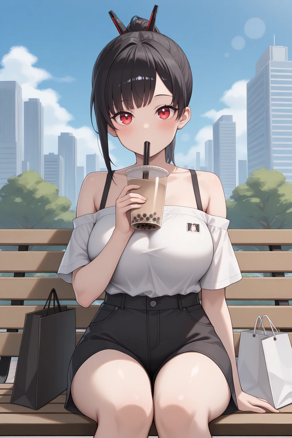 masterpiece, best quality, looking at viewer, drinking, blush, 1girl, zwei, large breasts, red eyes, black hair, medium hair, asymmetrical bangs, sidelocks, ponytail, hair ornament, casual, off-shoulder shirt, high-waist shorts, shopping bag, sitting, holding, bubble tea, drinking straw, outdoors, bench, park, city, skyscraper, blue sky, <lora:Hoseki_Nikke_Zwei_IllustriousXL_v1:1>