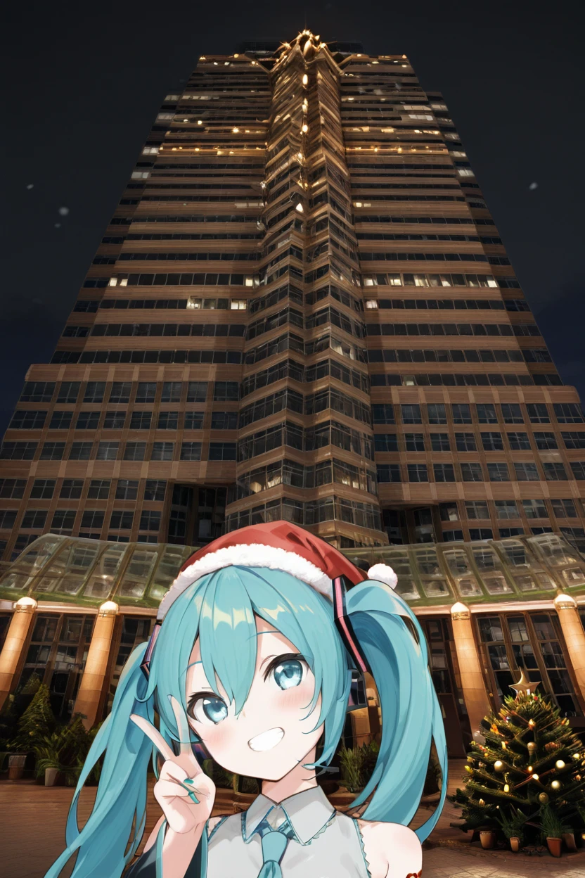 masterpiece, best quality,    zzNakatomi, entry, 1girl, solo, long hair, looking at viewer, blush, smile, bangs, blue eyes, shirt, hair ornament, hair between eyes, bare shoulders, twintails, upper body, detached sleeves, necktie, sleeveless, day, collared shirt, grin, aqua eyes, tree, v, aqua hair, tattoo, plant, blue necktie, city, black sleeves, potted plant, aqua necktie, hatsune miku,  (santa hat, Christmas trees, Christmas lights), snow, night,    ,<lora:NakatomiIXL:1.0>,