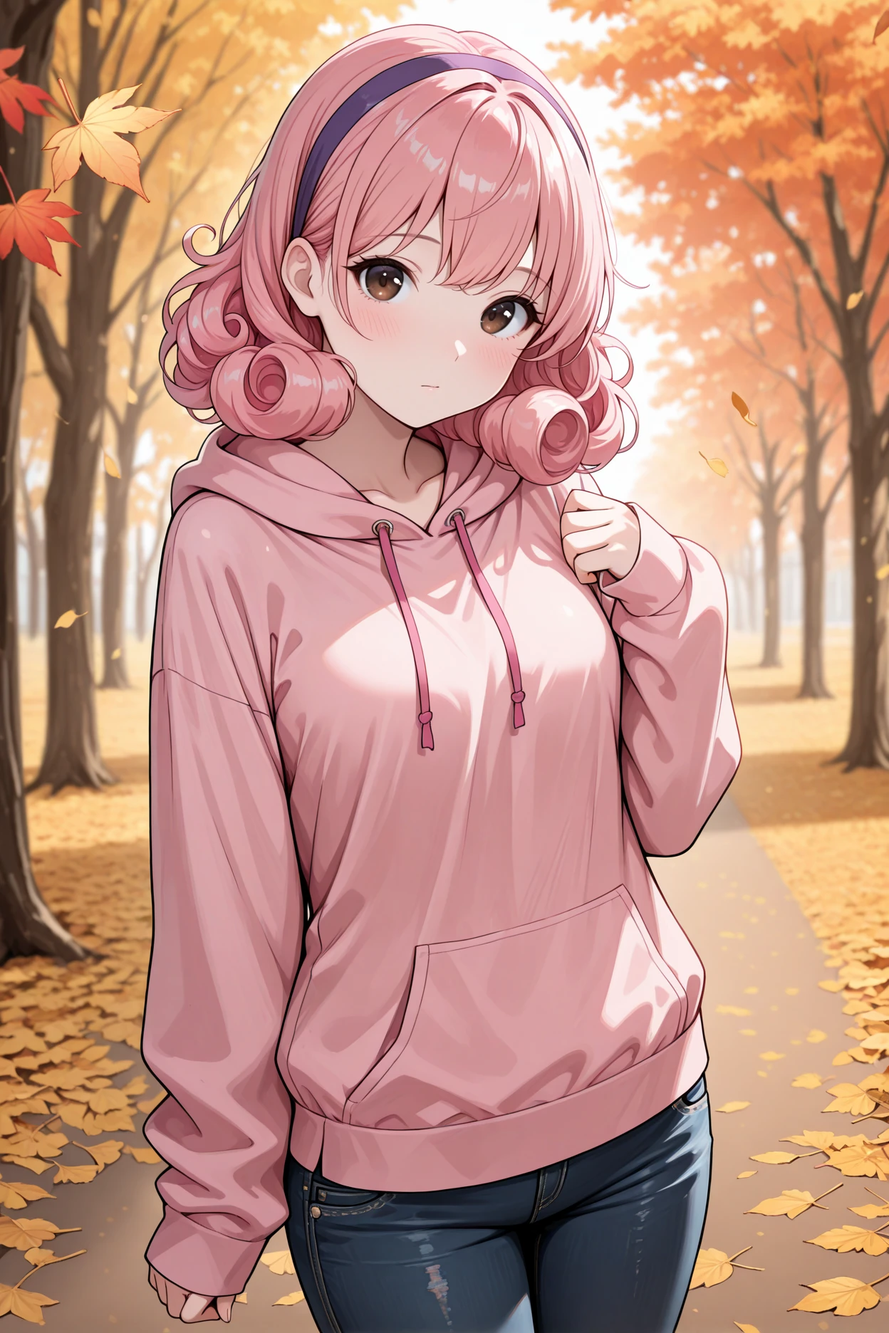 masterpiece, best quality, 1girl, solo,  <lora:fegenny-illu-nvwls-v1-000007:1> fegny, pink hair, curly hair, medium hair, brown eyes, purple hairband, pink hoodie, jeans, looking at viewer, sleeves past wrists, blush, autumn, leaves