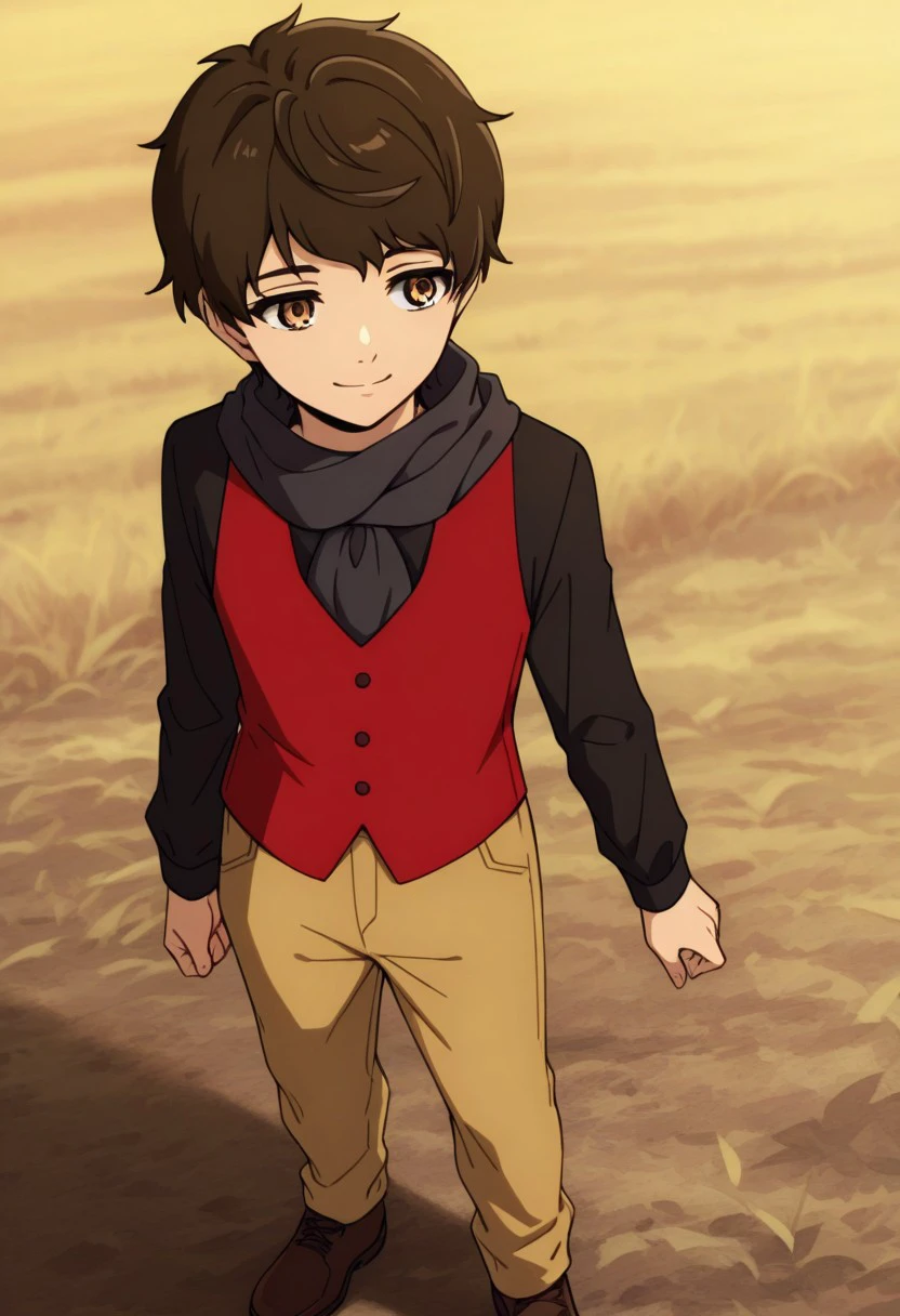 masterpiece, best quality, 
baamtg, 1boy, male focus, solo, brown eyes, brown hair, short hair, bangs, shirt, black shirt, long sleeves, scarf, black scarf, vest, red vest, pants, brown pants, shoes, brown footwear, smile, standing,
outdoor