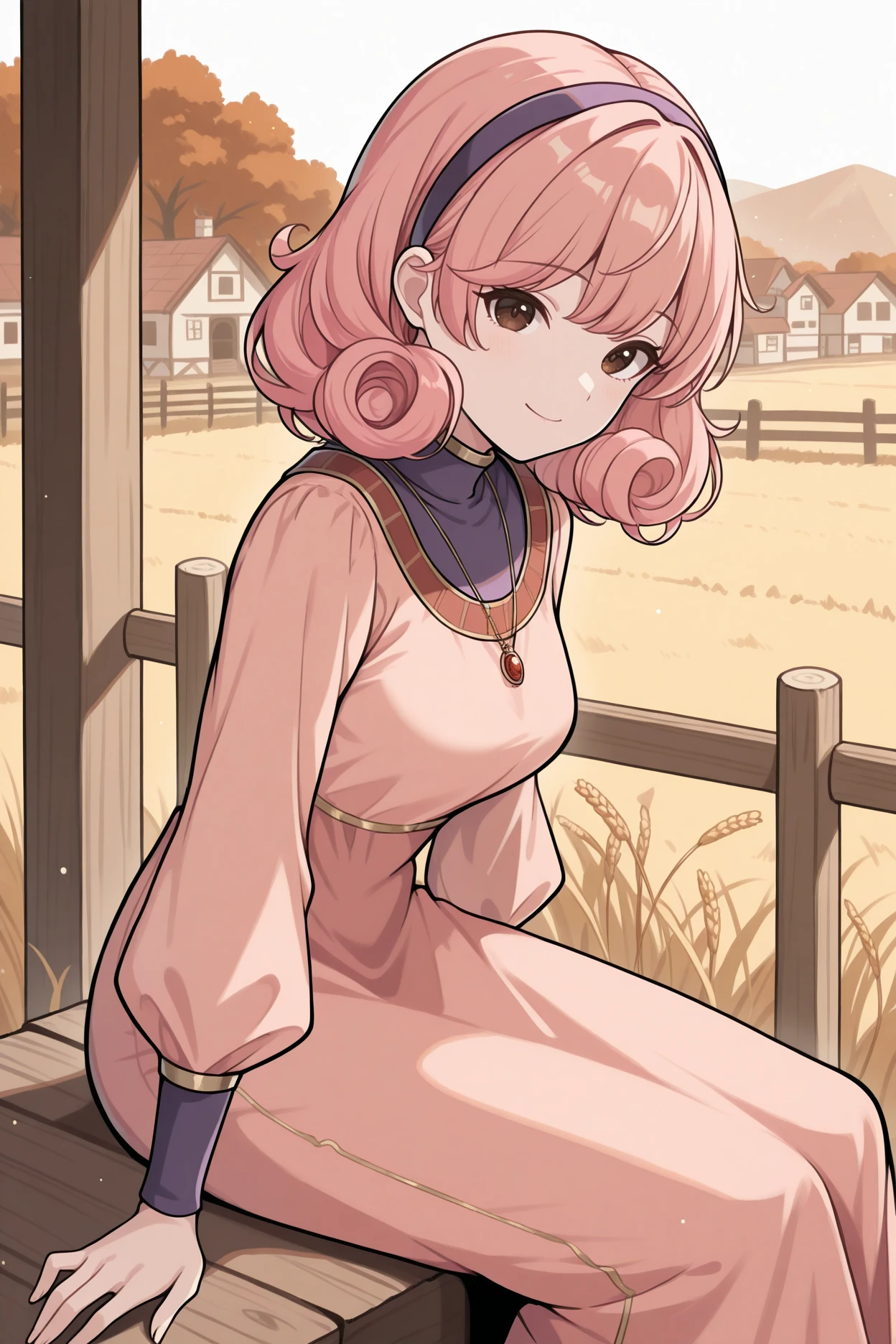 masterpiece, best quality, 1girl, solo,  <lora:fegenny-illu-nvwls-v1-000007:1> fegny, pink hair, curly hair, medium hair, brown eyes, purple hairband, turtleneck, pendant, pink dress, long dress, gold trim, long sleeves, sepia tone, muted colors, autumn, village, looking at viewer, farm, fence, smile, from side, sitting, hay bale, wheat