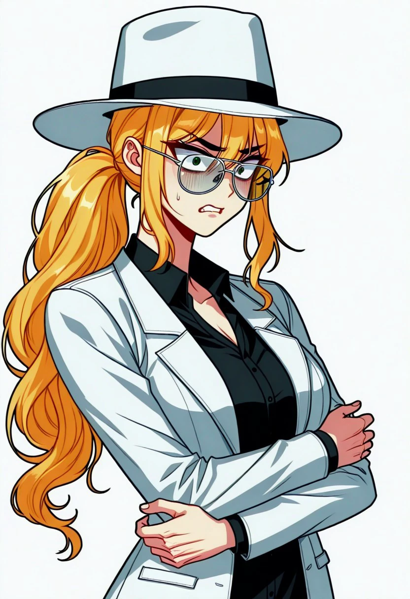 manhwa, b3therz, 1girl, eyewear, hat, blonde hair, folded arms, transparent background, disgusted