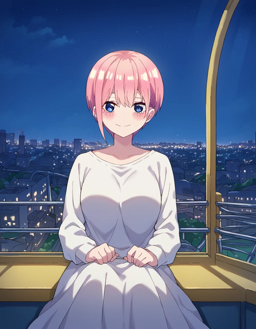 score_9, score_8_up, score_7_up, source_anime, <lora:ichika-nakano-s2-ponyxl-lora-nochekaiser:1>, ichika nakano, short hair, bangs, blue eyes, hair between eyes, pink hair, pixie cut, large breasts, <lora:ferris-wheel-interior-ponyxl-lora-nochekaiser:1>, ferris wheel interior, ferris wheel, gondola, cityscape, amusement park, city lights, night, fireworks, aeriel firworks, night sky, city, skyline, sky,, sitting, smile, blush, looking at viewer,,