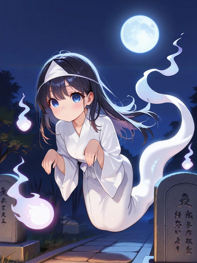 masterpiece,amazing quality,best quality,ultra-detailed,8K,illustration,CG,shiny hair,clear skin,ultra-detailed-eyes,simple background,cute girl, eyelashes ,night,darkness,japanese Tombstone<lora:shirosyouzoku_illustrious_V1.0:0.8> shirosyouzoku,long sleeves, ghost pose, ghost, hitodama,ghost tail,flying,