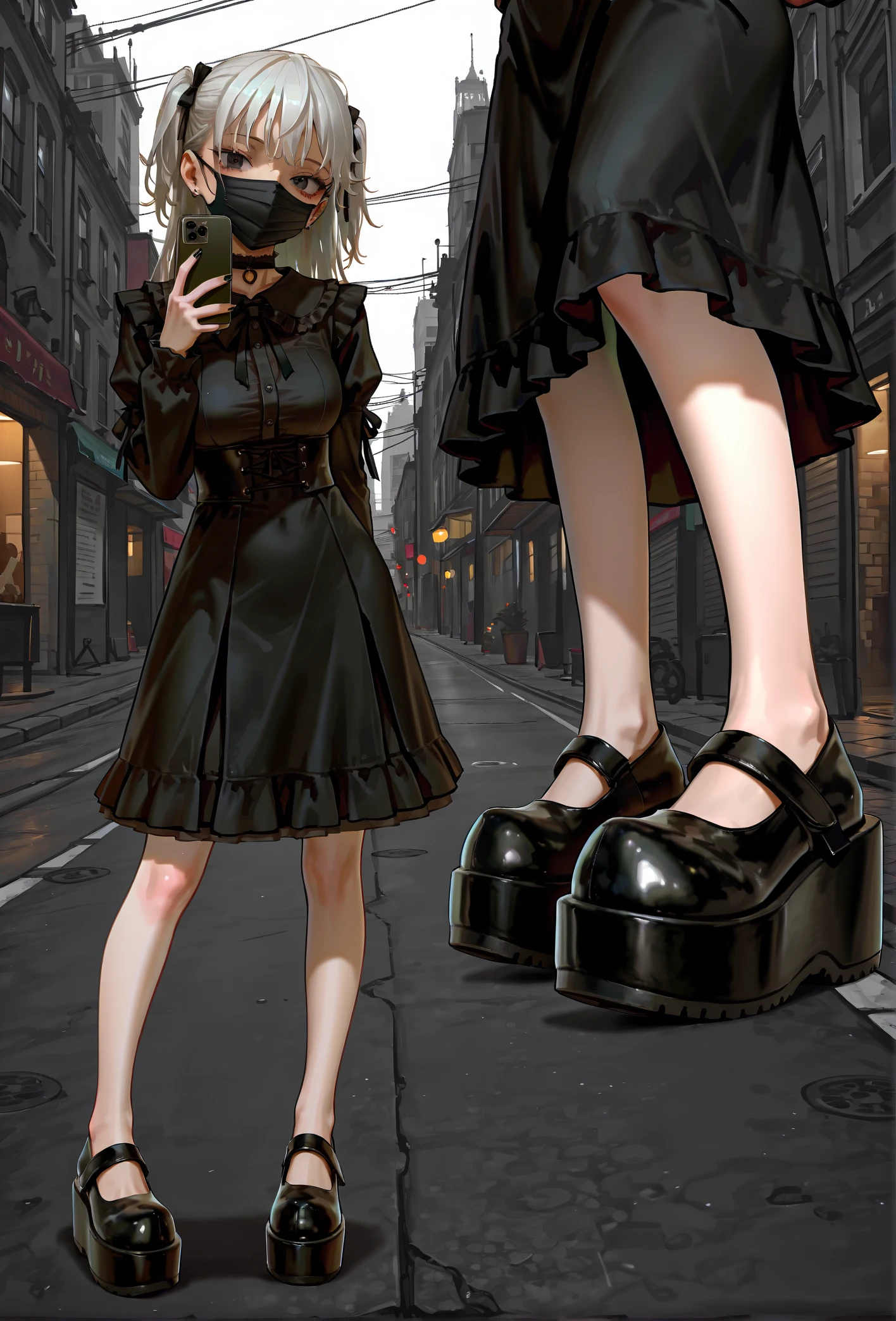 masterpiece, best quality, 
as109,
multiple views,
close-up of feet,
(pigeon-toed:1.1), (from side:0.9),
1girl, idol, goth,
(d0lly shoes), (platform footwear:1.1),
black dress,
large breasts, petite, 
black and white hair,
city street, 
pose, posing, contrapposto, v, holding phone, face mask, black eyes,