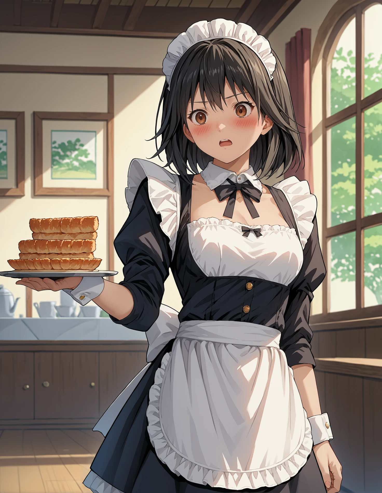 score_9, score_8_up, source_anime, 1girl, upper body, medium shot, detailed, misakiyamamoto, brown eyes, black hair, maid outfit, blush, (surprised:0.7), maid headwear, white apron, white cuffs, hand up, holding plate, indoors cafe, dynamic pose, (side view:0.7), <lora:misakiyamamoto_XL:0.8>