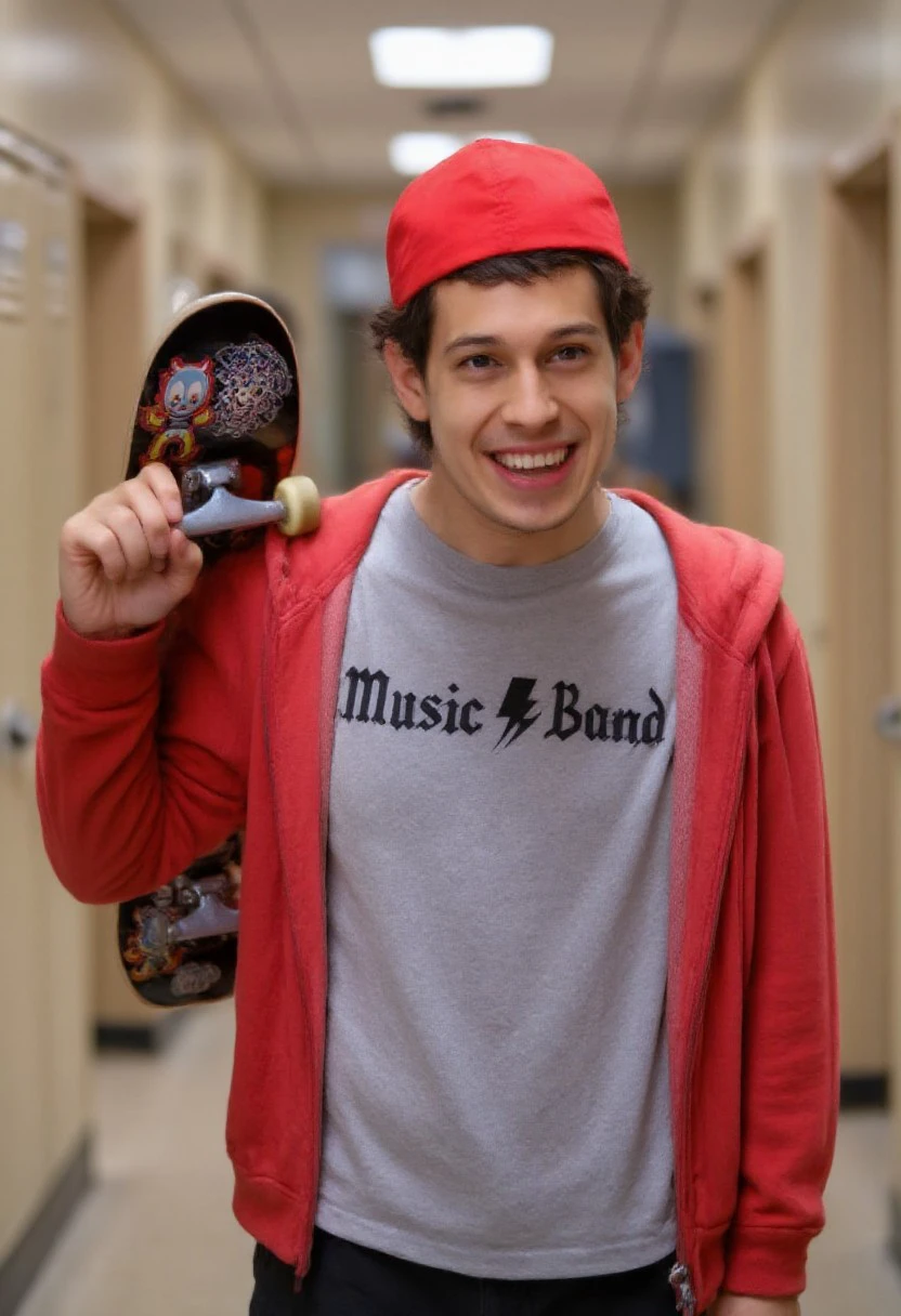 A humorous portrayal of FictionalAyumi dressed as a skater, wearing a backward red cap, red hoodie, and a gray T-shirt labeled "Music Band." He holds a skateboard decorated with vibrant, edgy designs featuring cartoonish characters and skull motifs. The setting is a high school hallway with lockers blurred in the background, evoking a mix of comedy and nostalgia in an awkward yet charming scene.HDYDFK