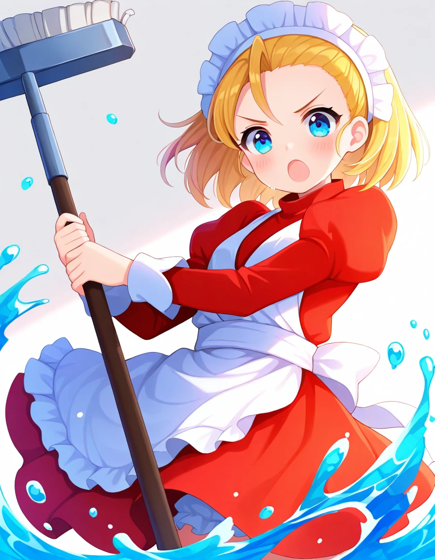 <lora:Pkikimora_SDXL_Illustrious01_fp16_ver02:1>,Pkikimora, 1girl, blue eyes, blonde hair, maid headdress, apron,P3dress,long sleeves, splashing, water drop, v-shaped eyebrows, open mouth, mop, holding mop,cowboy shot,, masterpiece, best quality, very aesthetic, absurdres,<lora:detailed_hands:1>,hand