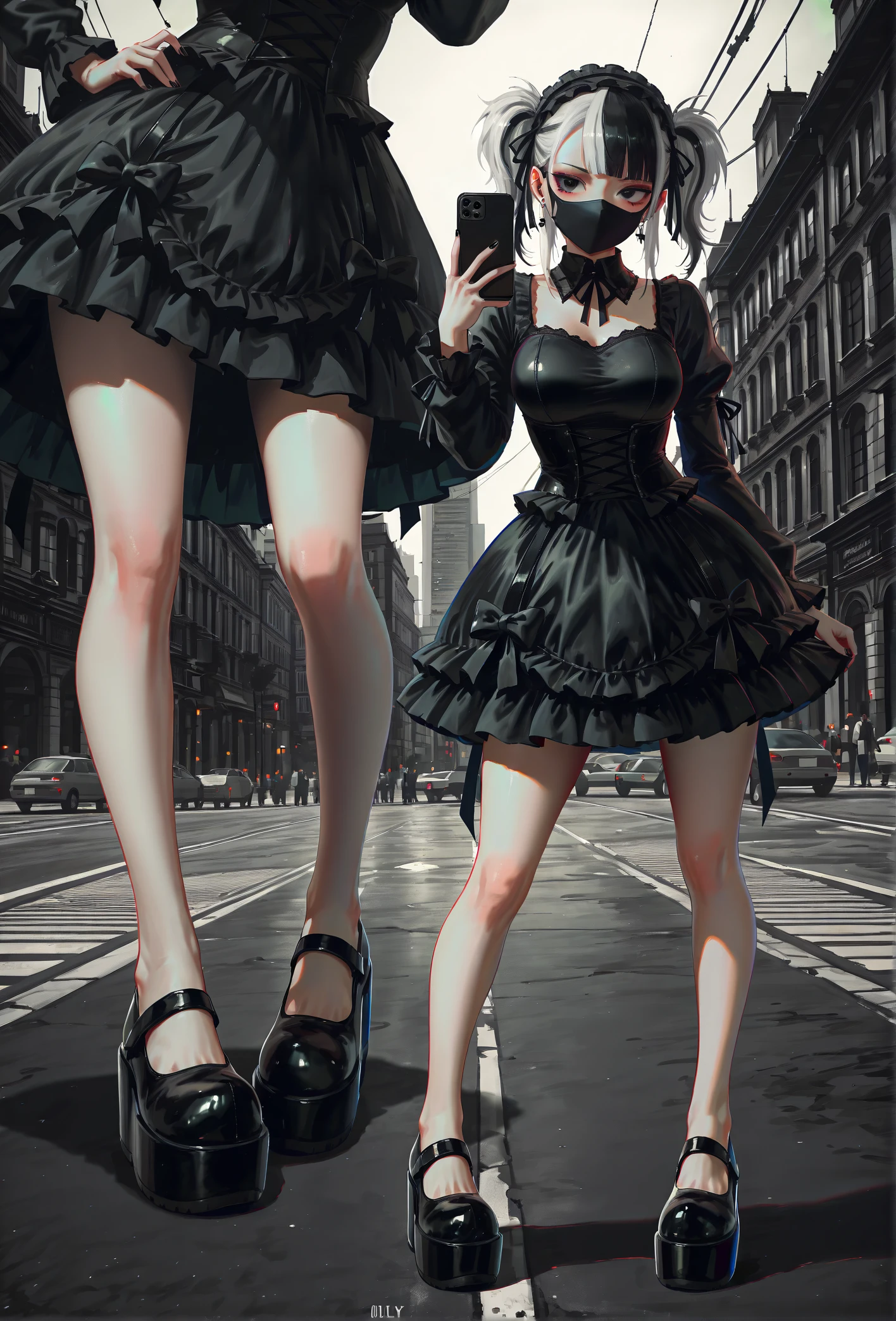 masterpiece, best quality, 
shimhaq, k-suwabe, realistic,
multiple views,
close-up of feet,
(pigeon-toed:1.1), three quarter view,
1girl, idol, goth,
(d0lly shoes), (platform footwear:1.1),
black dress,
large breasts, petite, 
black and white hair,
city street, 
pose, posing, contrapposto, v, holding phone, face mask, black eyes,