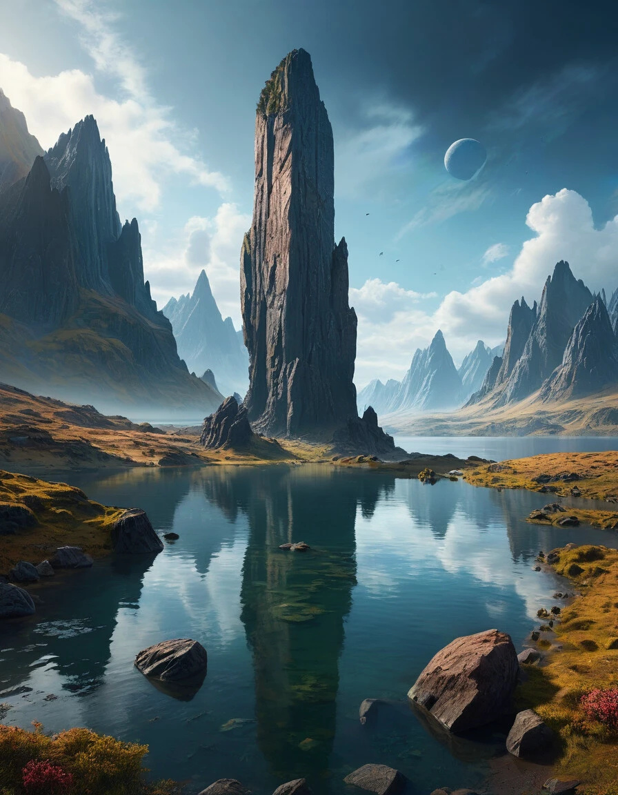 extremely detailed, landscape of an unknown planet, monolith, lake, cloudy weather, unreal engine 5, perfect composition, vibrant, rtx, hbao