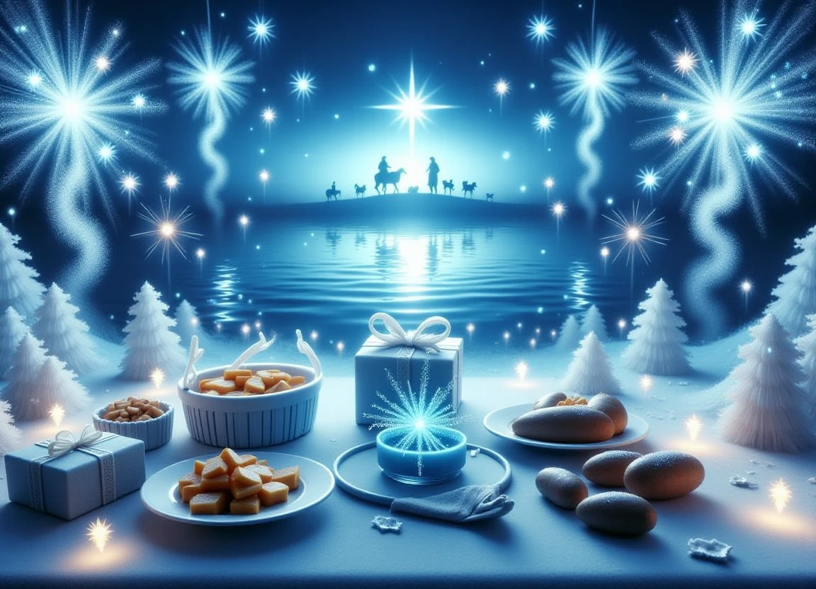 A serene winter wonderland setting with a classic nativity scene under a DonMsn0wm4g1cfx style night sky, featuring a soft reflection of the scene in a calm body of water. Amidst this peaceful atmosphere, presents and sweet potatoes are arranged artfully on a festive table, surrounded by sparkling starburst lights that radiate an otherworldly glow.