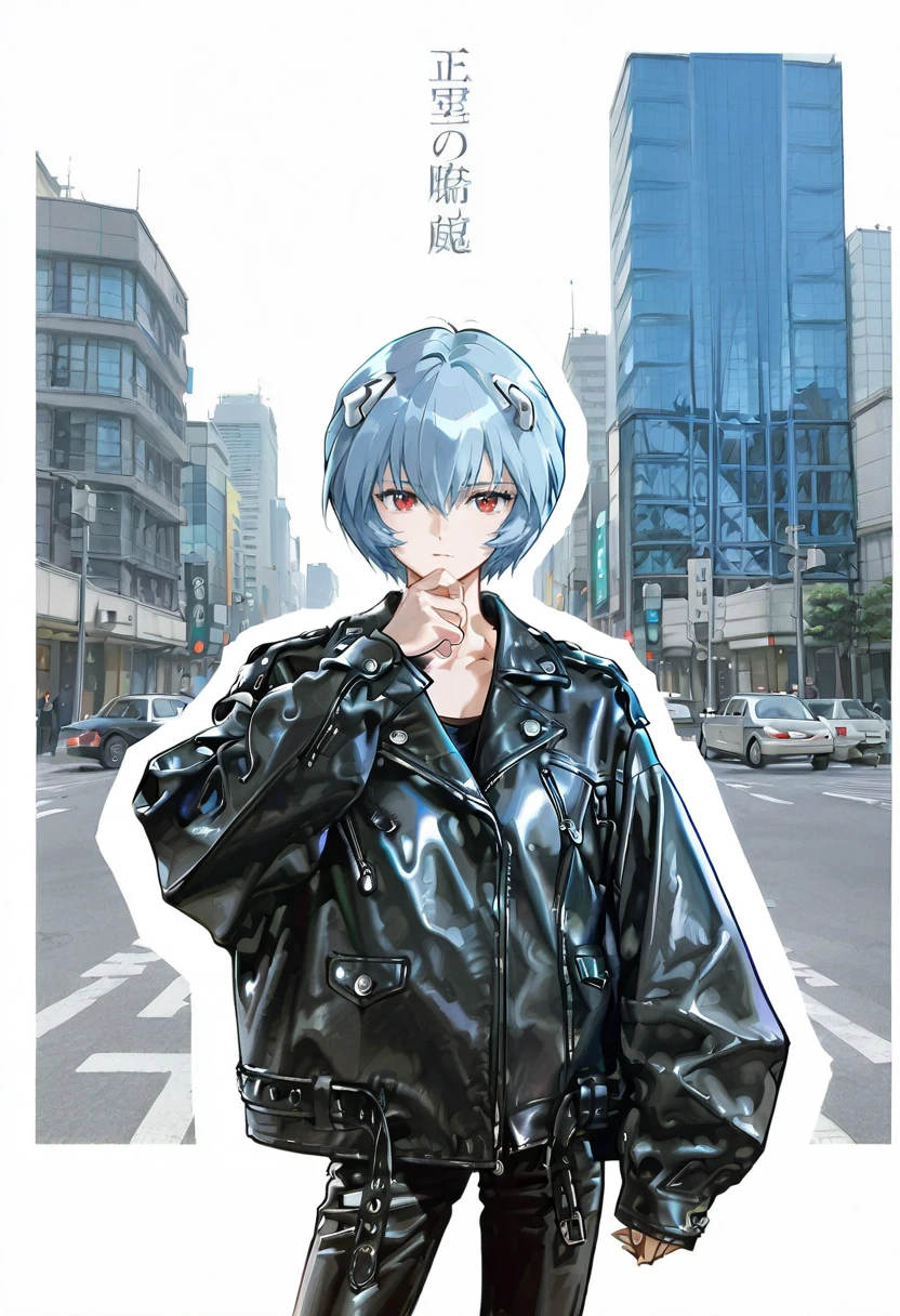 1girl,solo,looking at viewer,ikeda ruriko,oversized leather jacket, ayanami_rei,cityscape,