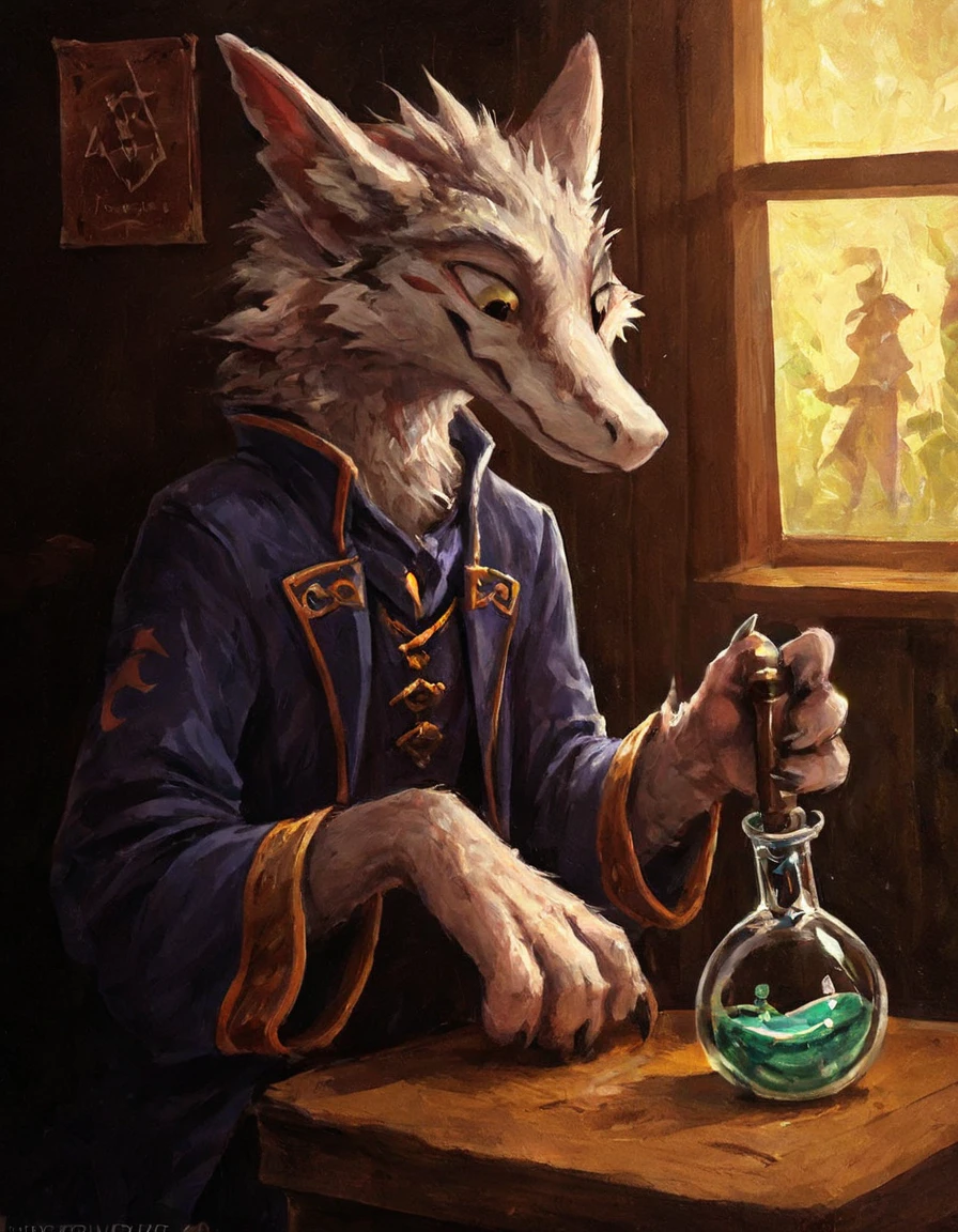 source_furry ,
furry, furred dragon, dark green and white fur, wearing a magician outfit, pointy hat, holding a potion bottle in hand, inspecting the bottle , wizard's home interior, clutter, expressive, detailed,
<lora:Better_Kenket-000008:0.9>, score_9, score_8_up, score_7_up, score_6_up, score_5_up,