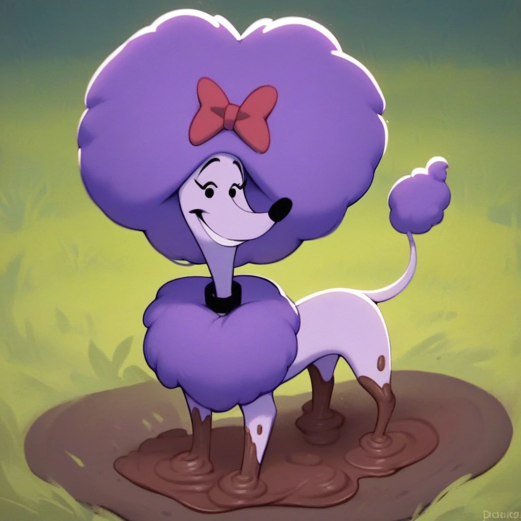 score_9, score_8_up, score_8, score_7, source_cartoon, cleo(cbrd), solo, 1girl, feral, dog, dog girl, poodle, purple fur, purple hair, purple chest fluff, thin tail, red hair bow, black collar, dot eyes, full body, looking at viewer, covered in mud, rolling in mud, smile, raining, mud puddle, grass field setting, standing, large breasts, red cropped top, blue leggings, black mascara, black eyeshadow, sexy pose, seductive smile,