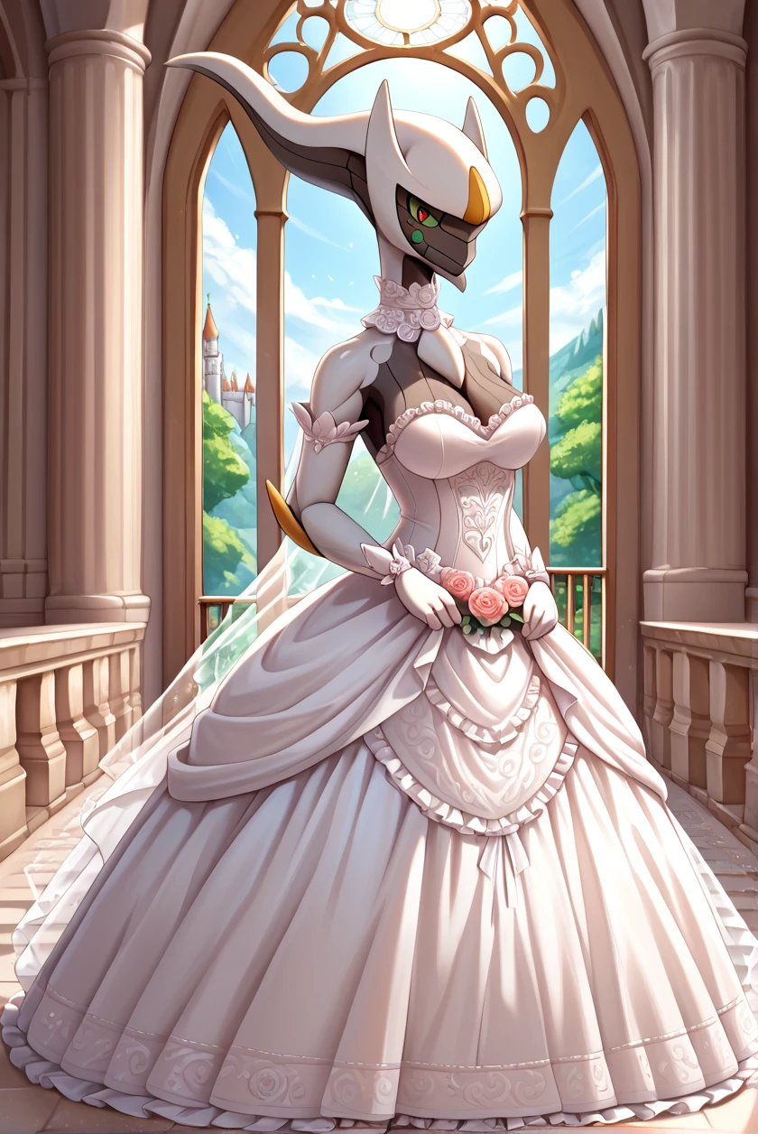 score_9, score_8_up, score_7_up, source_anime, source_furry, (beautiful, detailed background, digital artwork, digital art, well shaded artwork, depth, detailed artwork)1.2, 1girl, female, furry, anthro, arceus, cathedral setting, standing, wedding dress, elaborate frilly dress, closeup++