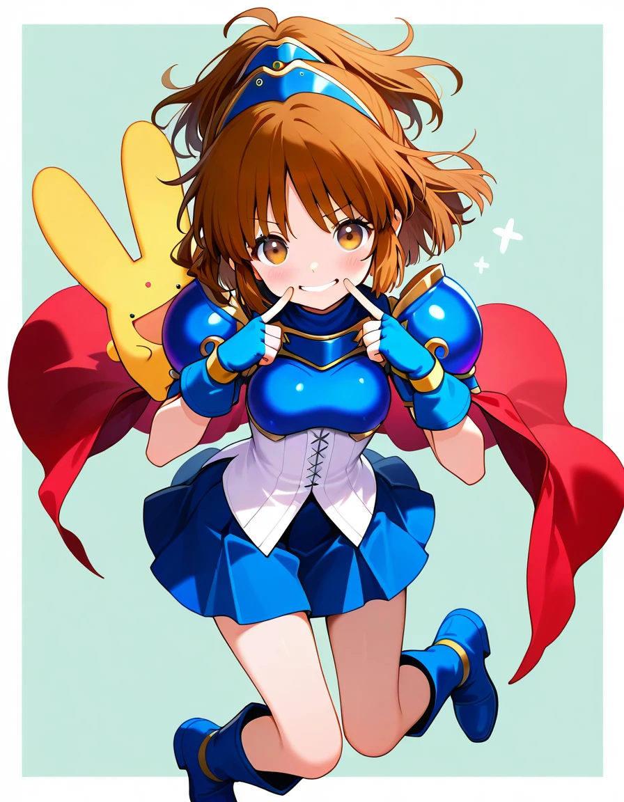 <lora:Puyoarle_SDXL_Illustrious01_fp16_ver04:1>,arleP4, 1girl,brown hair,bangs,hair updo,tiara,blue skirt,red cape, brown eyes, armor, blue boots,cross-laced shirt,fingerless gloves,fingersmile,<lora:HairintakesEraser_v01_illustrious_10steps:1.5>,carbuncle \(puyopuyo\),, masterpiece, best quality, very aesthetic, absurdres,<lora:detailed_hands:1>,hand