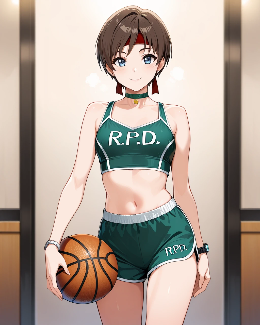 masterpiece, best quality, high quality,  1girl, solo, <lora:10_becky_7_il:1>,reb_4bb,  blue eyes, brunette hair, short hair, green choker, red headband, green sports halter top with white trim, midriff, navel, green sports shorts with white trim, standing, looking at viewer, smile, white earrings, bracelet, watch, holding basketball