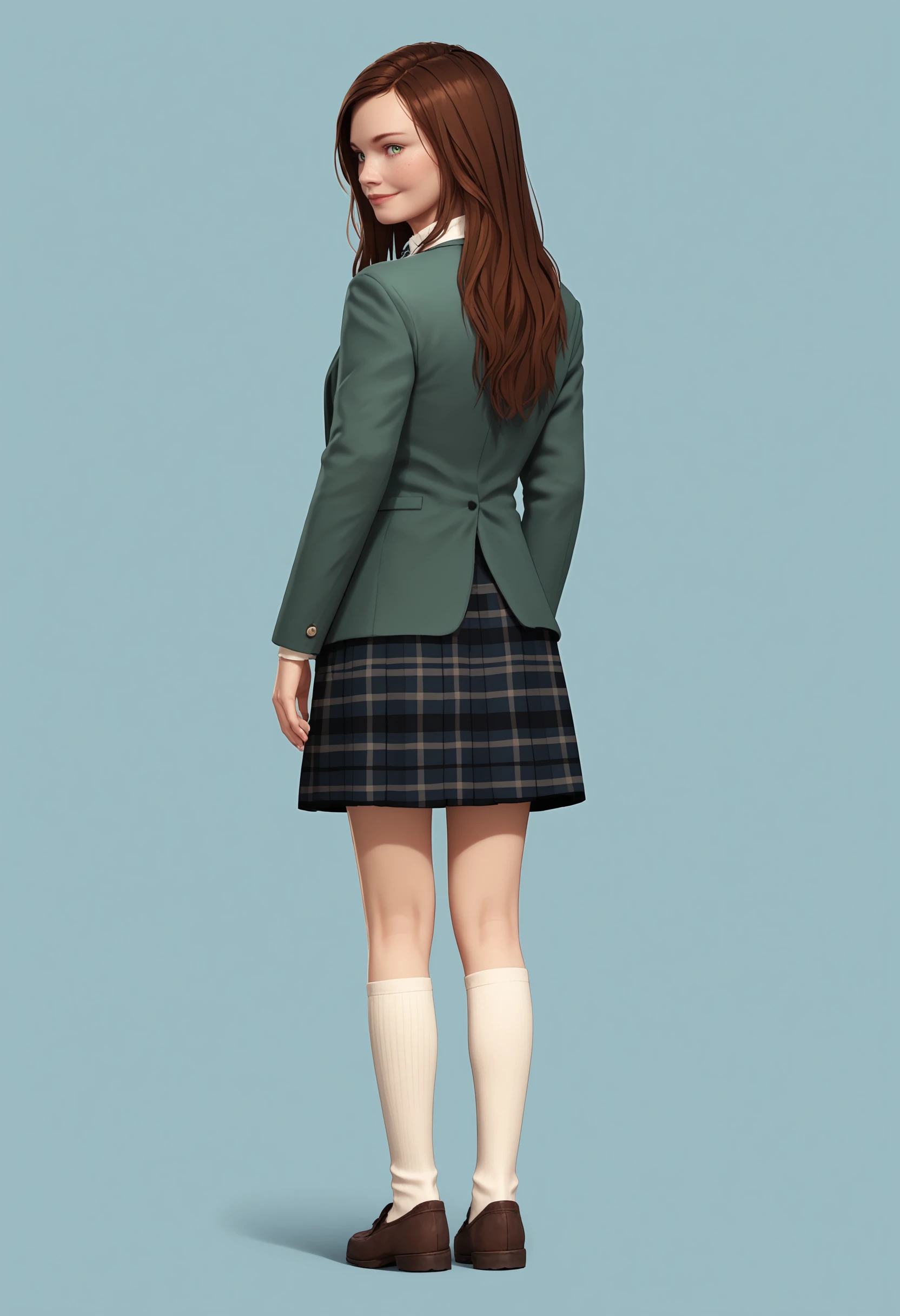 score_9, score_8_up, score_7_up, score_6_up, score_5_up, score_4_up,  <lora:VictoriaHitmanA:0.85> 1girl, solo, victoriaf, long hair, brown hair, green eyes, jacket, skirt, socks, shoes, necklace, full body, looking back, from behind, smile, standing,
light blue background, simple background,